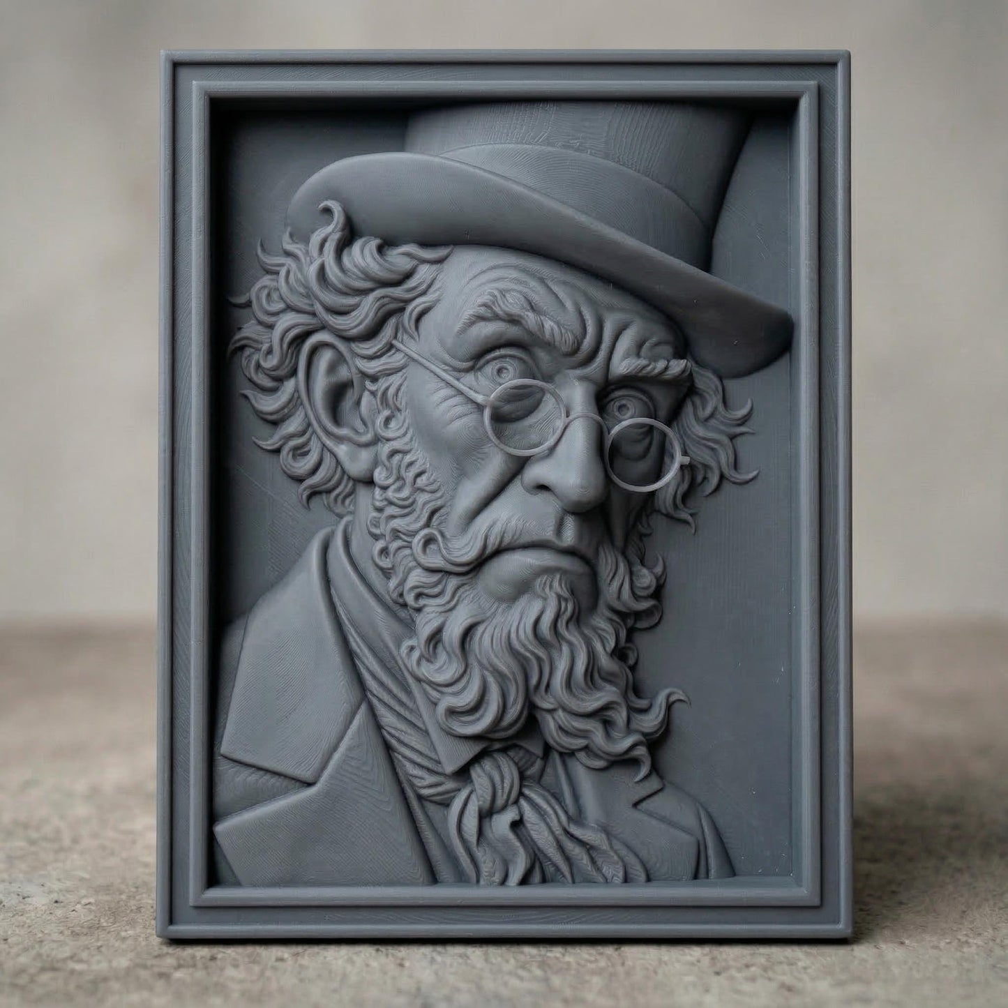 Decorative bas-relief sculpture of a classic Irish leprechaun with a tall hat, round glasses, and a long textured beard. The whimsical character features expressive facial details and vintage attire, evoking traditional Irish folklore and St Patrick’s Day symbolism. Designed as a framed relief panel with deep carving details ideal for CNC carving, 3D printing, and decorative wall art.