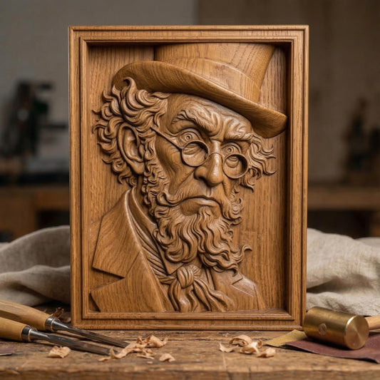Decorative bas-relief sculpture of a classic Irish leprechaun with a tall hat, round glasses, and a long textured beard. The whimsical character features expressive facial details and vintage attire, evoking traditional Irish folklore and St Patrick’s Day symbolism. Designed as a framed relief panel with deep carving details ideal for CNC carving, 3D printing, and decorative wall art.