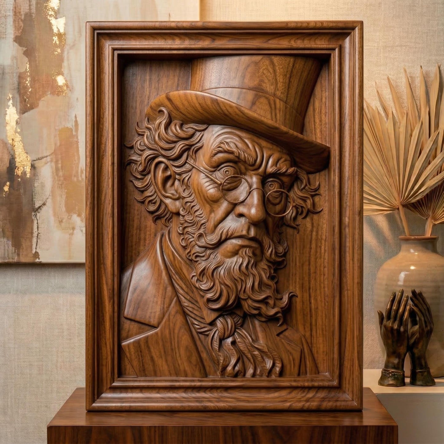 Decorative bas-relief sculpture of a classic Irish leprechaun with a tall hat, round glasses, and a long textured beard. The whimsical character features expressive facial details and vintage attire, evoking traditional Irish folklore and St Patrick’s Day symbolism. Designed as a framed relief panel with deep carving details ideal for CNC carving, 3D printing, and decorative wall art.