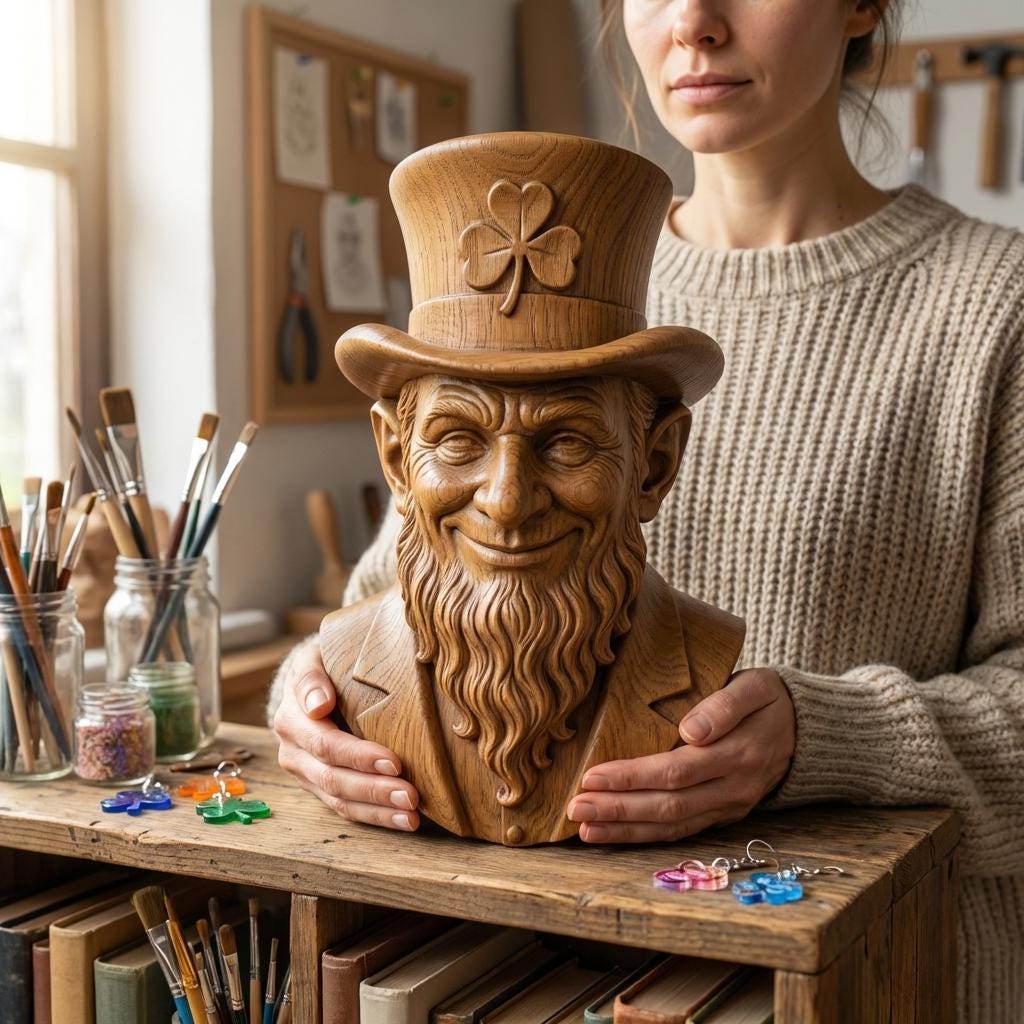 High-resolution 3D bas-relief sculpture of a leprechaun bust carved from polished wood, featuring a joyful and mischievous expression. The figure wears a tall top hat with a prominently carved shamrock emblem, and a detailed long beard with realistic texture. This symmetrical, front-facing relief is perfect for CNC carving, laser engraving, or Irish-themed wall art. Ideal for St. Patrick’s Day decorations or unique wooden gift ideas with rich wood grain texture.