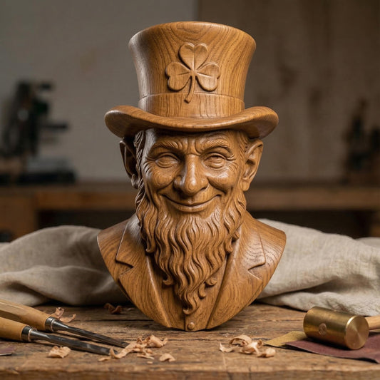 High-resolution 3D bas-relief sculpture of a leprechaun bust carved from polished wood, featuring a joyful and mischievous expression. The figure wears a tall top hat with a prominently carved shamrock emblem, and a detailed long beard with realistic texture. This symmetrical, front-facing relief is perfect for CNC carving, laser engraving, or Irish-themed wall art. Ideal for St. Patrick’s Day decorations or unique wooden gift ideas with rich wood grain texture.