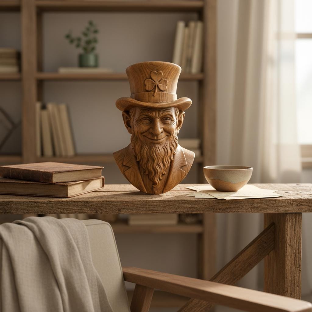 High-resolution 3D bas-relief sculpture of a leprechaun bust carved from polished wood, featuring a joyful and mischievous expression. The figure wears a tall top hat with a prominently carved shamrock emblem, and a detailed long beard with realistic texture. This symmetrical, front-facing relief is perfect for CNC carving, laser engraving, or Irish-themed wall art. Ideal for St. Patrick’s Day decorations or unique wooden gift ideas with rich wood grain texture.
