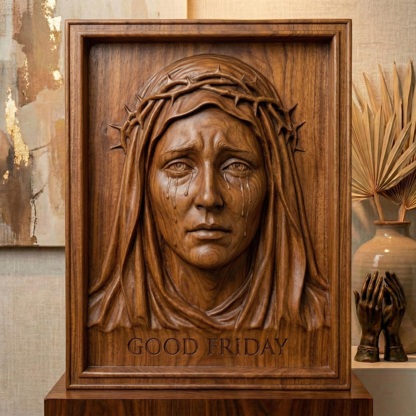 High-relief 3D bas-relief of the Virgin Mary with a sorrowful expression, tears flowing down her face, wearing a crown of thorns and a draped veil. The framed composition includes the inscription “Good Friday” beneath the portrait. Detailed facial features, textured wood grain surface, and deep carving layers create a powerful Christian devotional wall art design for CNC carving and 3D printing.