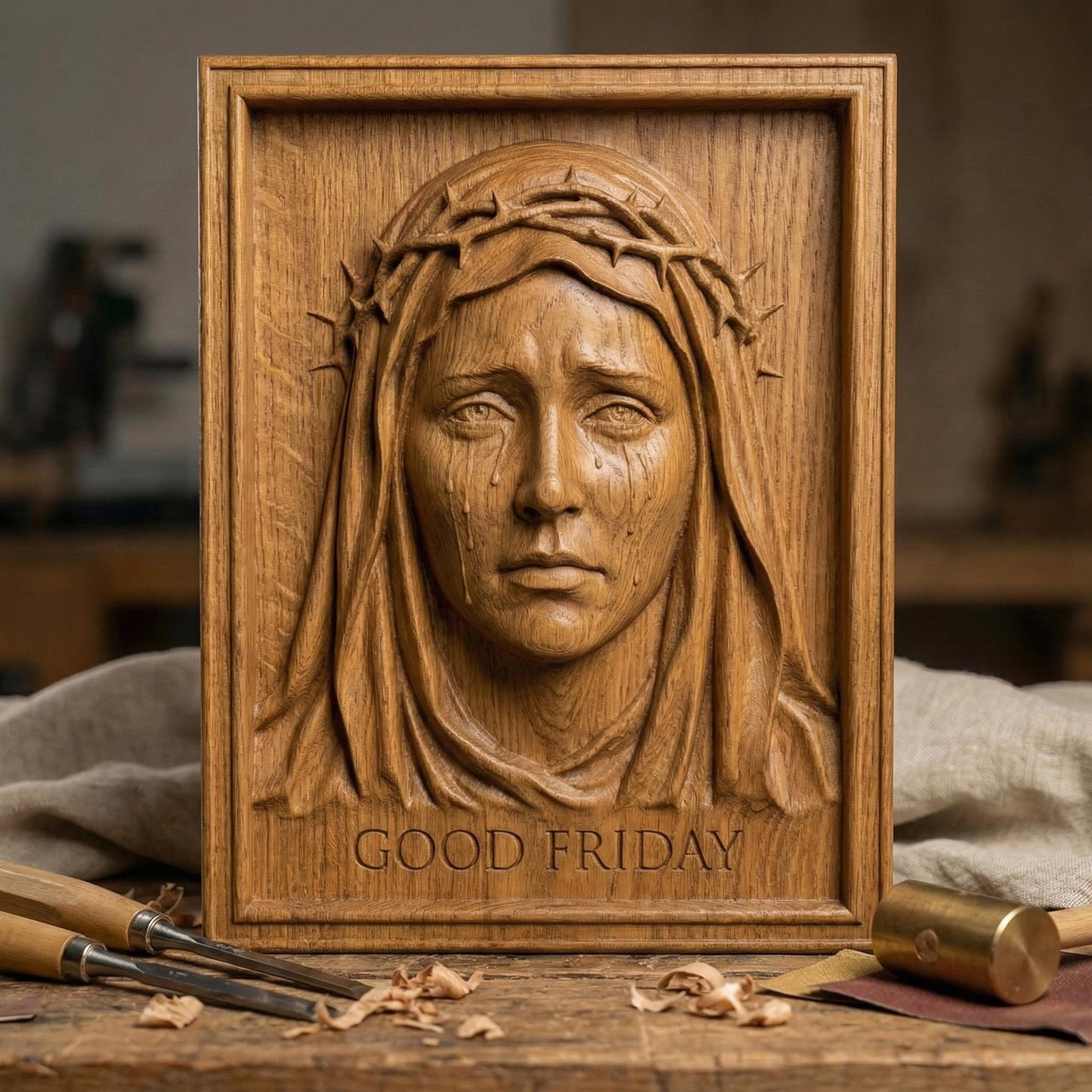 High-relief 3D bas-relief of the Virgin Mary with a sorrowful expression, tears flowing down her face, wearing a crown of thorns and a draped veil. The framed composition includes the inscription “Good Friday” beneath the portrait. Detailed facial features, textured wood grain surface, and deep carving layers create a powerful Christian devotional wall art design for CNC carving and 3D printing.