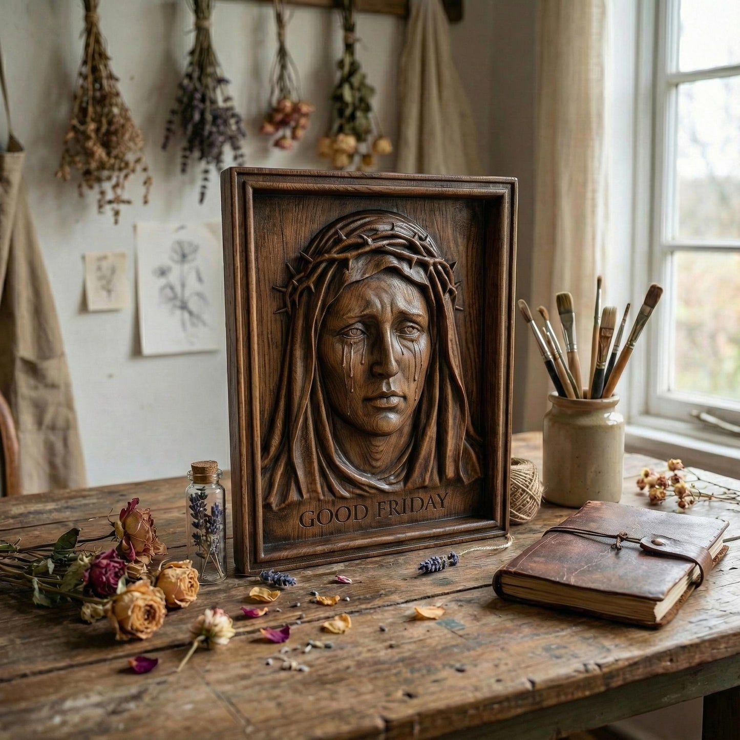 High-relief 3D bas-relief of the Virgin Mary with a sorrowful expression, tears flowing down her face, wearing a crown of thorns and a draped veil. The framed composition includes the inscription “Good Friday” beneath the portrait. Detailed facial features, textured wood grain surface, and deep carving layers create a powerful Christian devotional wall art design for CNC carving and 3D printing.