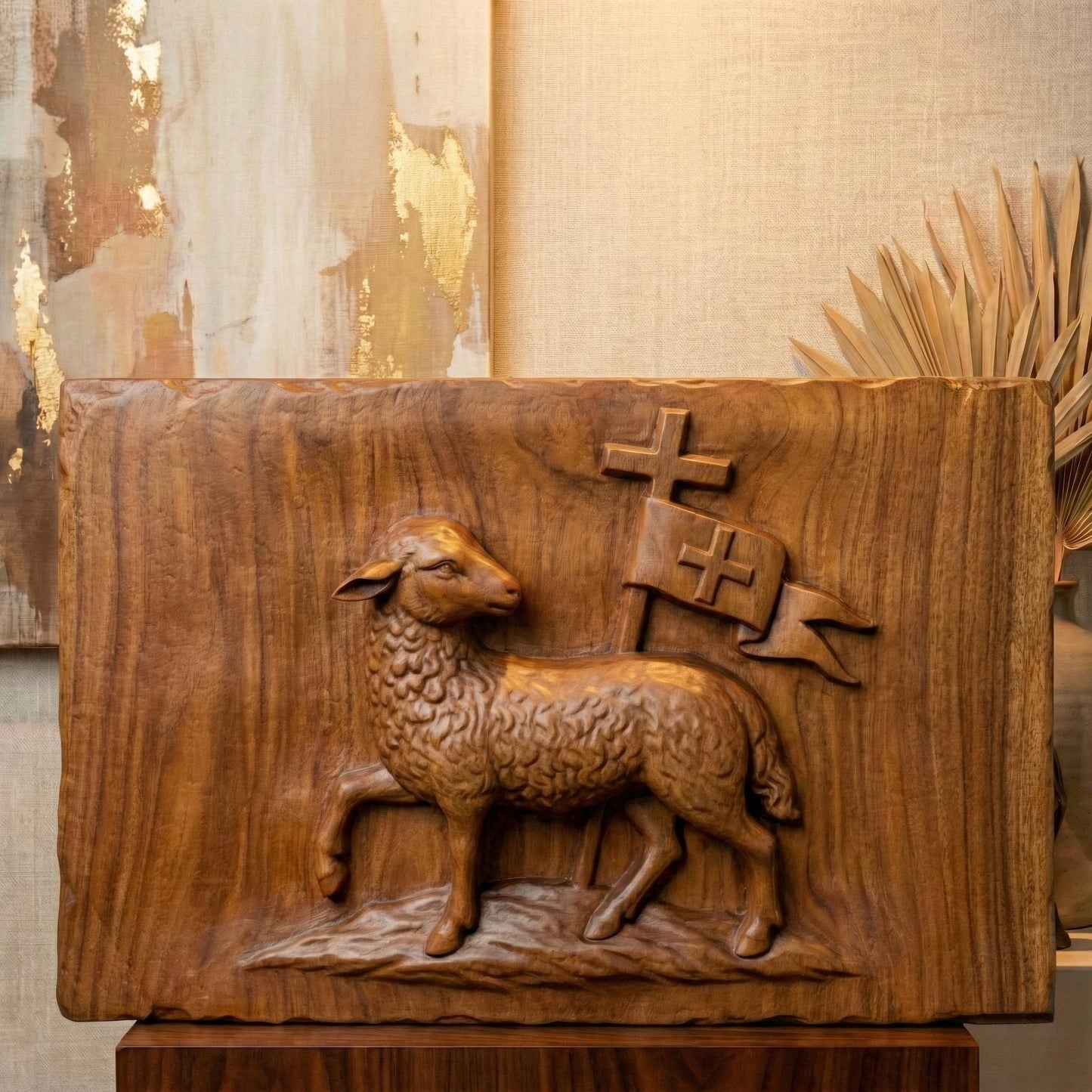 3D bas-relief of the Lamb of God, featuring a sculpted lamb walking on a small hill carrying a Christian resurrection banner with a cross. Detailed wool texture, smooth wood-carved shading, and a rectangular plaque shape ideal for CNC carving, laser engraving, Christian wall décor, and religious artwork.