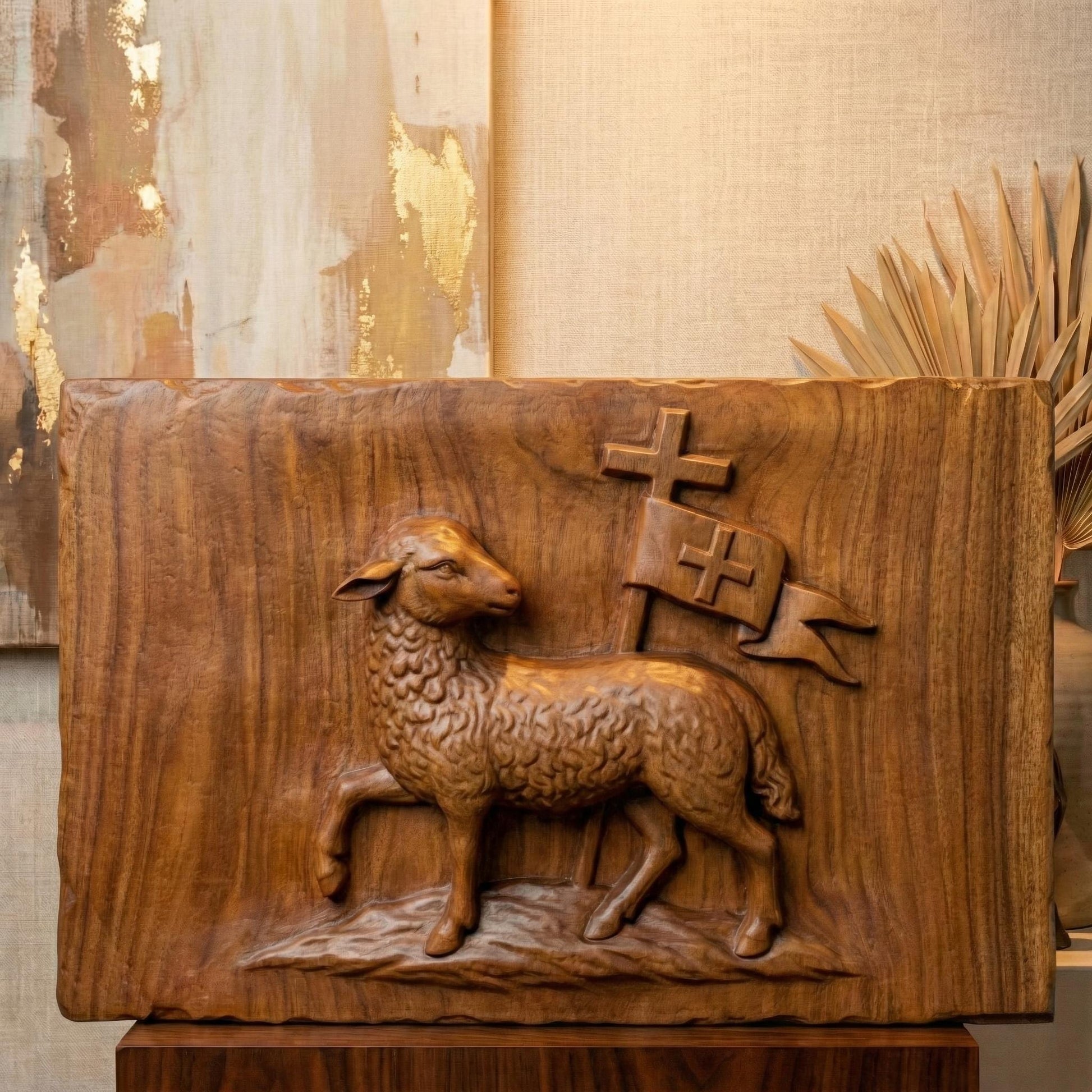 3D bas-relief of the Lamb of God, featuring a sculpted lamb walking on a small hill carrying a Christian resurrection banner with a cross. Detailed wool texture, smooth wood-carved shading, and a rectangular plaque shape ideal for CNC carving, laser engraving, Christian wall décor, and religious artwork.