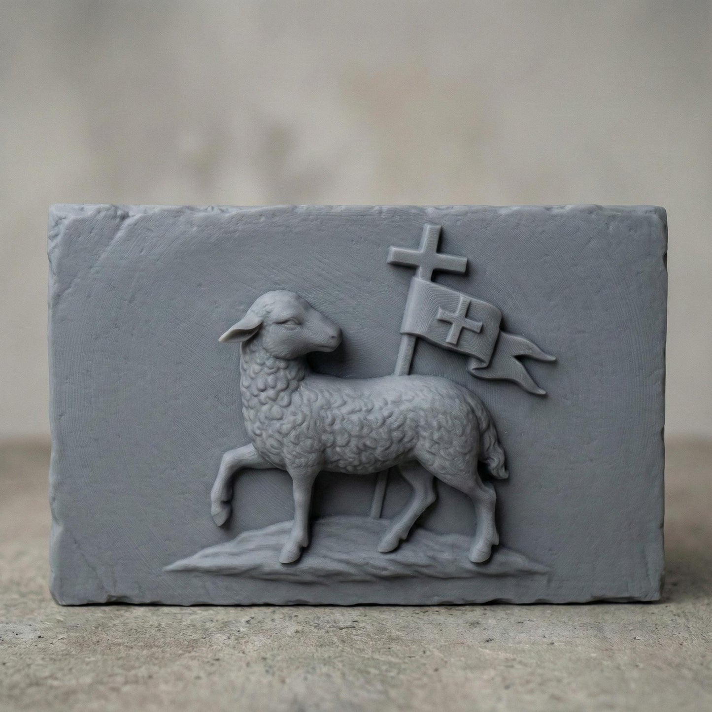 3D bas-relief of the Lamb of God, featuring a sculpted lamb walking on a small hill carrying a Christian resurrection banner with a cross. Detailed wool texture, smooth wood-carved shading, and a rectangular plaque shape ideal for CNC carving, laser engraving, Christian wall décor, and religious artwork.