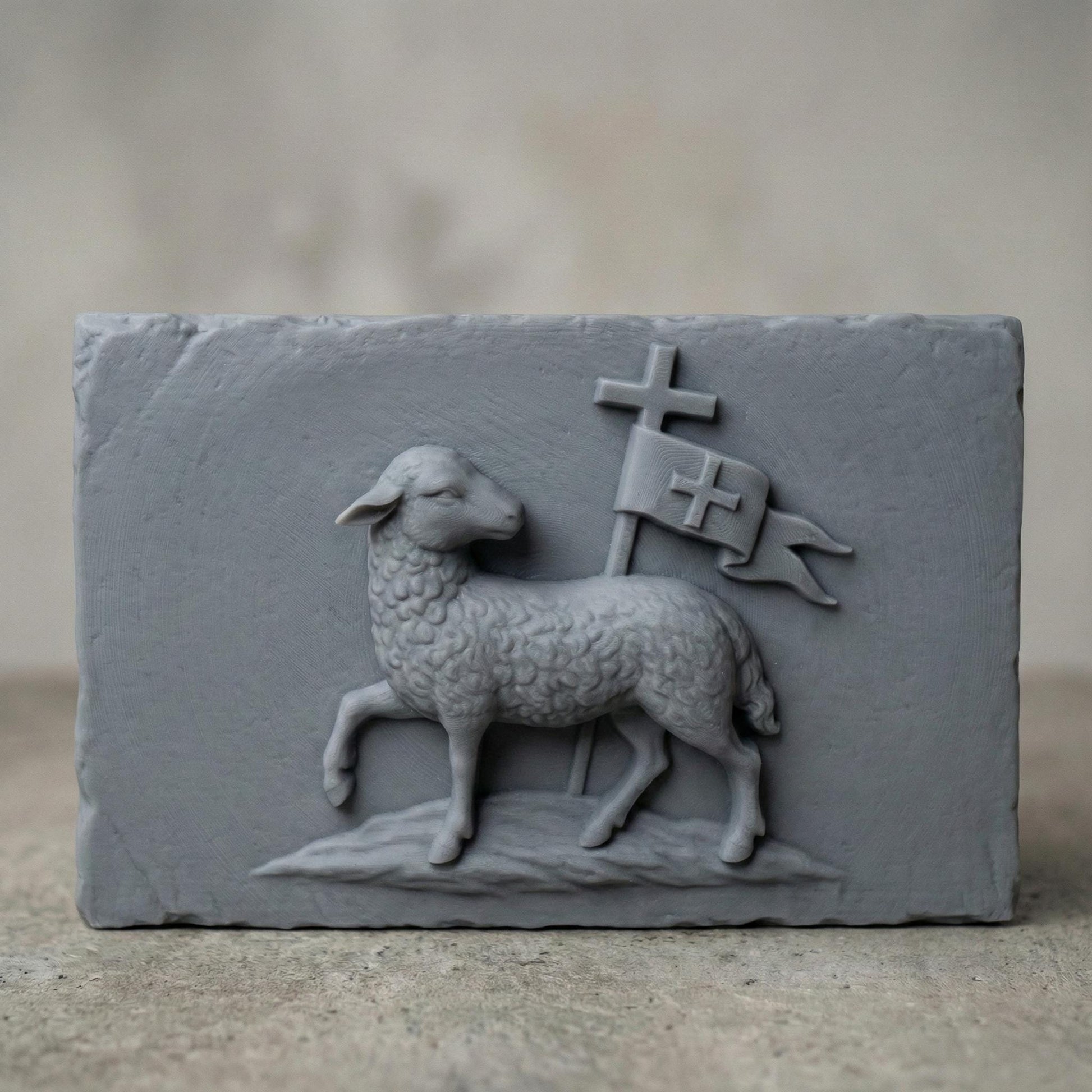 3D bas-relief of the Lamb of God, featuring a sculpted lamb walking on a small hill carrying a Christian resurrection banner with a cross. Detailed wool texture, smooth wood-carved shading, and a rectangular plaque shape ideal for CNC carving, laser engraving, Christian wall décor, and religious artwork.