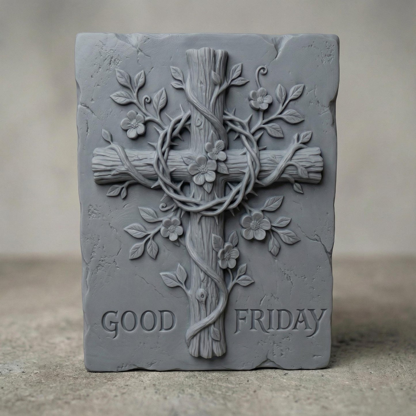 High-relief 3D bas-relief of a wooden Christian cross wrapped with a crown of thorns and intertwined flowering vines. Delicate blossoms and leaves grow around the cross, symbolizing faith and redemption. The rustic framed design includes the inscription “Good Friday” at the base. Deep carving layers, textured wood grain, and ornamental floral details make this powerful religious wall art ideal for CNC carving and 3D printing.