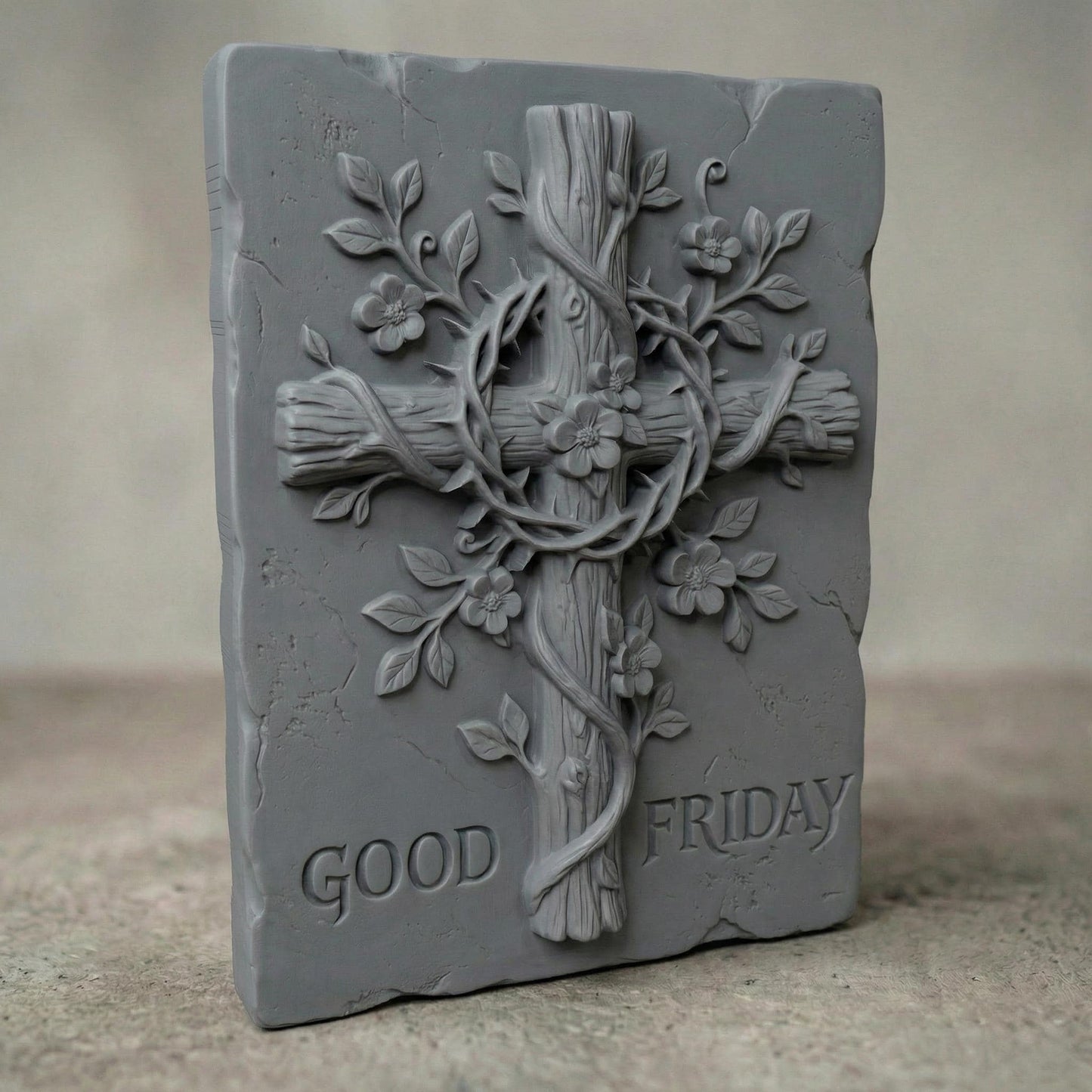High-relief 3D bas-relief of a wooden Christian cross wrapped with a crown of thorns and intertwined flowering vines. Delicate blossoms and leaves grow around the cross, symbolizing faith and redemption. The rustic framed design includes the inscription “Good Friday” at the base. Deep carving layers, textured wood grain, and ornamental floral details make this powerful religious wall art ideal for CNC carving and 3D printing.