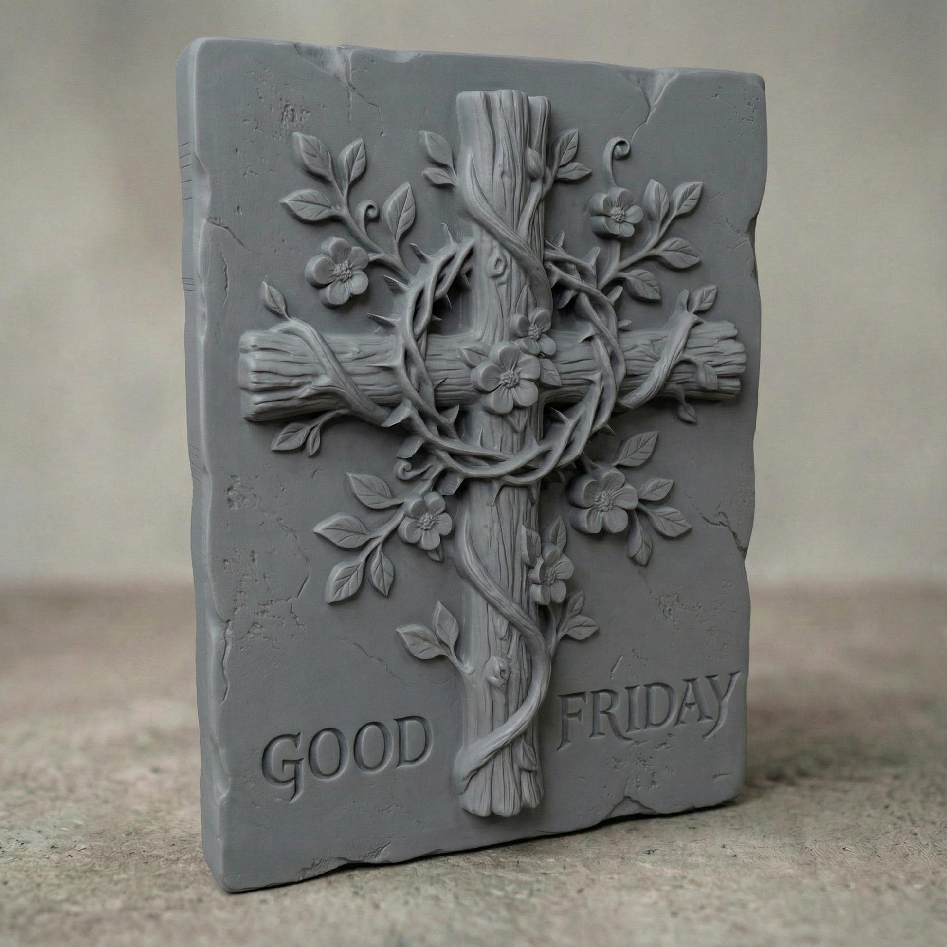 High-relief 3D bas-relief of a wooden Christian cross wrapped with a crown of thorns and intertwined flowering vines. Delicate blossoms and leaves grow around the cross, symbolizing faith and redemption. The rustic framed design includes the inscription “Good Friday” at the base. Deep carving layers, textured wood grain, and ornamental floral details make this powerful religious wall art ideal for CNC carving and 3D printing.