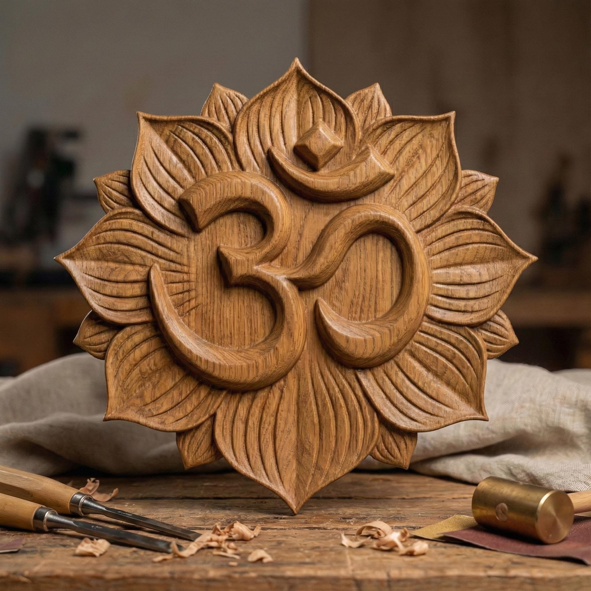 High-relief 3D Om symbol centered within a layered lotus flower mandala, featuring deep carved petals radiating outward in symmetrical harmony. The design shows smooth, flowing curves of the sacred Om sign raised above textured lotus leaves, ideal for CNC carving, bas-relief wall panels, spiritual décor, yoga studio art, and meditation room focal pieces. Intricate petal detailing enhances depth, shadow, and dimensional elegance.