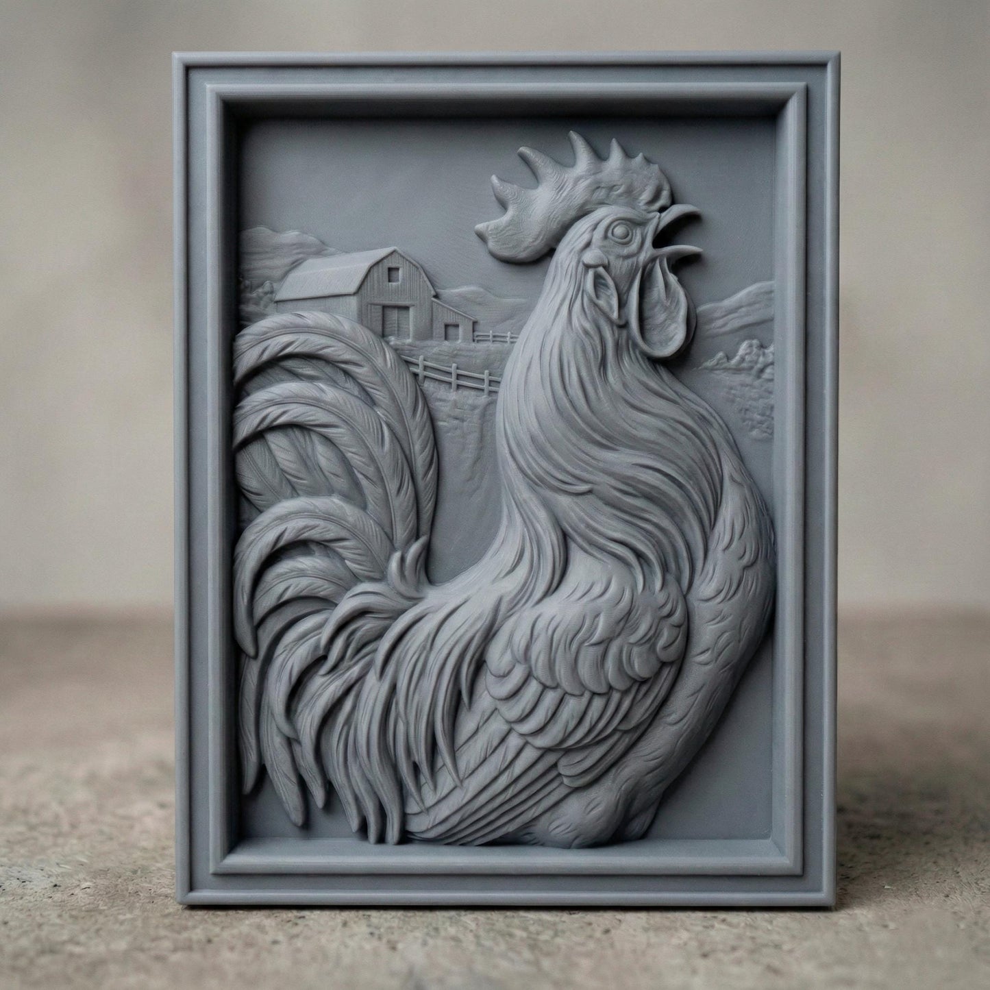 High-detail bas-relief rooster framed in a rectangular panel, featuring flowing layered feathers, raised comb and wattle, and a proud crowing pose. Background includes a rustic barn, fence, and countryside landscape carved in soft depth. The composition creates strong shadow contrast and dimensional texture, ideal for CNC carving, farmhouse décor, kitchen wall art, and country-style wood relief panels.