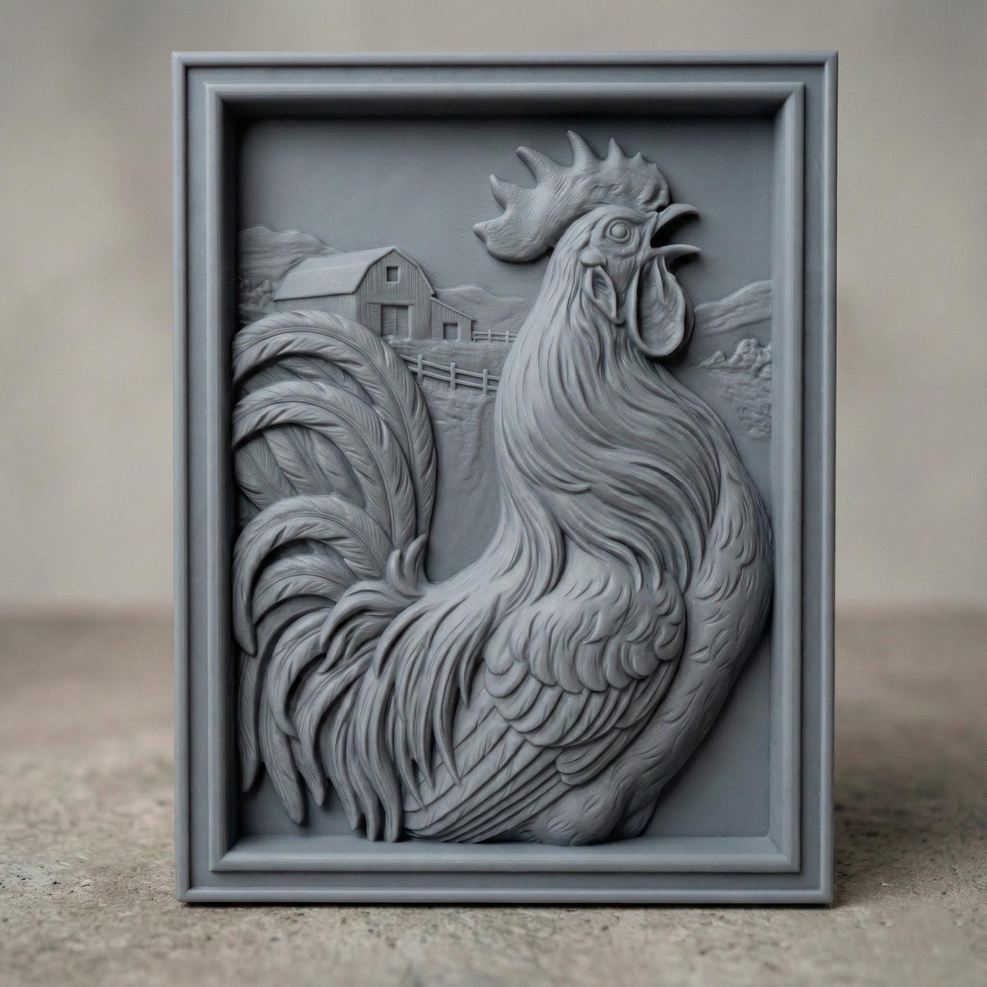 High-detail bas-relief rooster framed in a rectangular panel, featuring flowing layered feathers, raised comb and wattle, and a proud crowing pose. Background includes a rustic barn, fence, and countryside landscape carved in soft depth. The composition creates strong shadow contrast and dimensional texture, ideal for CNC carving, farmhouse décor, kitchen wall art, and country-style wood relief panels.
