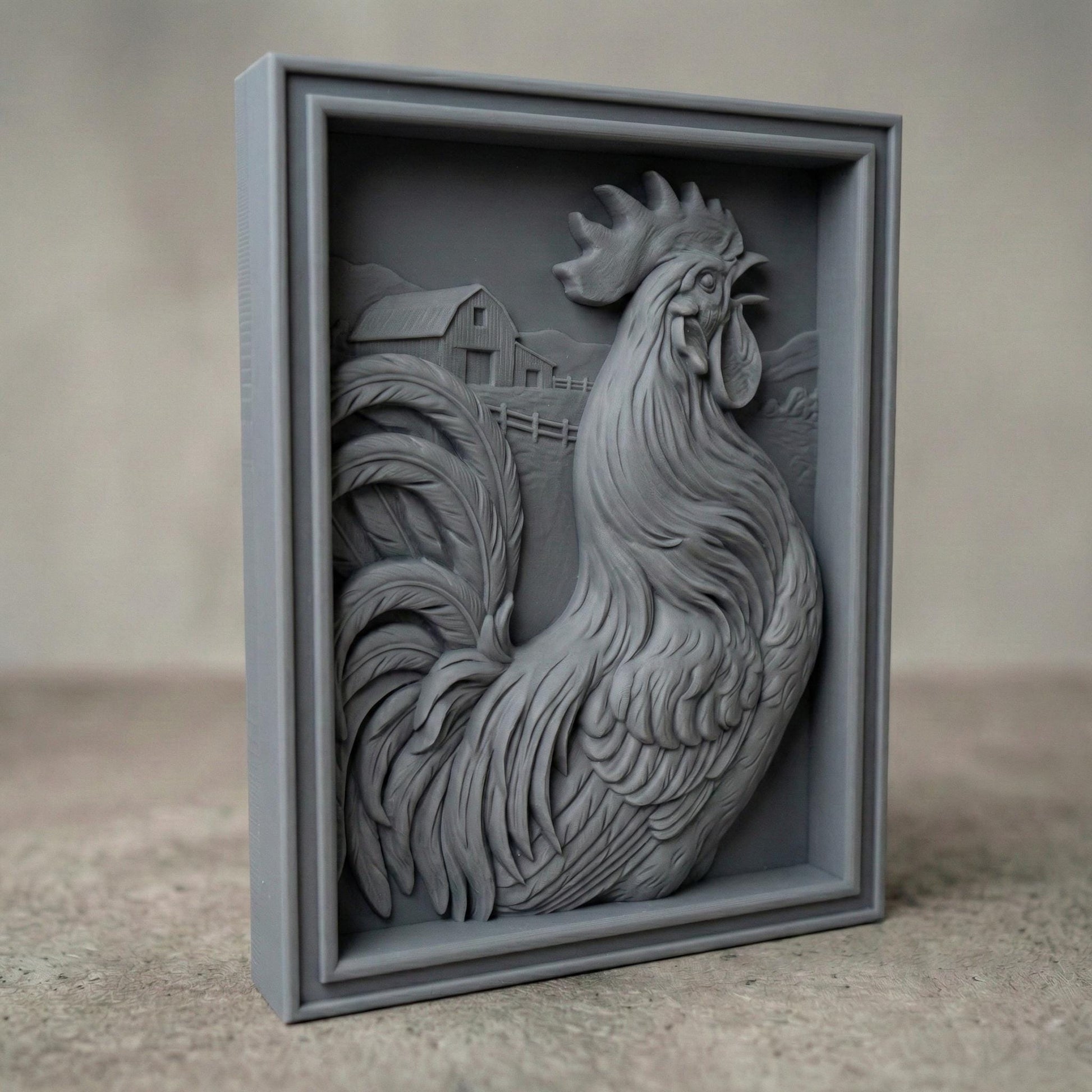 High-detail bas-relief rooster framed in a rectangular panel, featuring flowing layered feathers, raised comb and wattle, and a proud crowing pose. Background includes a rustic barn, fence, and countryside landscape carved in soft depth. The composition creates strong shadow contrast and dimensional texture, ideal for CNC carving, farmhouse décor, kitchen wall art, and country-style wood relief panels.
