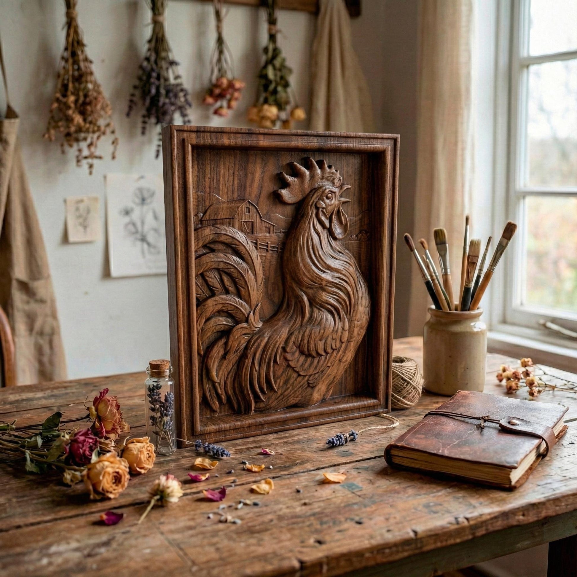 High-detail bas-relief rooster framed in a rectangular panel, featuring flowing layered feathers, raised comb and wattle, and a proud crowing pose. Background includes a rustic barn, fence, and countryside landscape carved in soft depth. The composition creates strong shadow contrast and dimensional texture, ideal for CNC carving, farmhouse décor, kitchen wall art, and country-style wood relief panels.