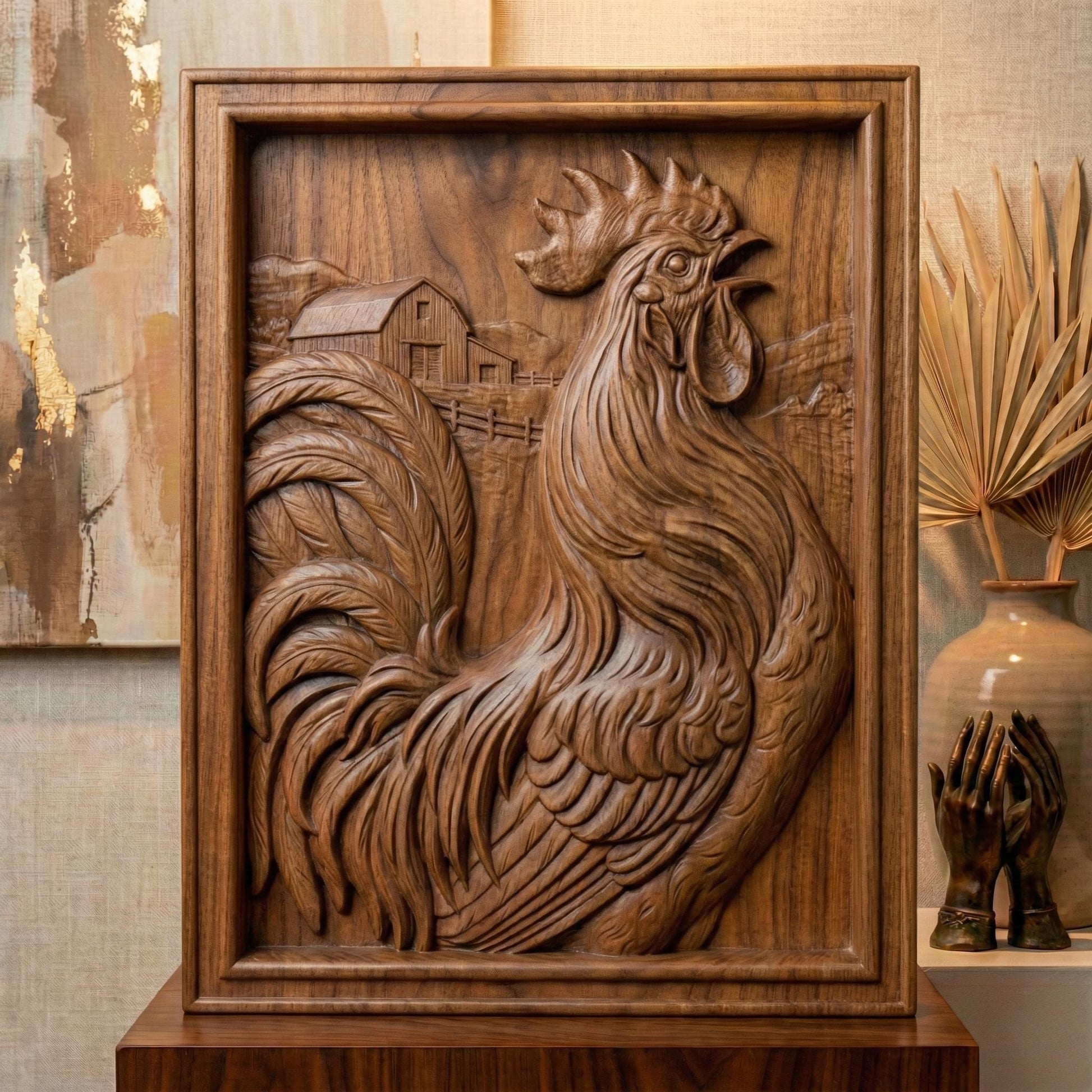 High-detail bas-relief rooster framed in a rectangular panel, featuring flowing layered feathers, raised comb and wattle, and a proud crowing pose. Background includes a rustic barn, fence, and countryside landscape carved in soft depth. The composition creates strong shadow contrast and dimensional texture, ideal for CNC carving, farmhouse décor, kitchen wall art, and country-style wood relief panels.