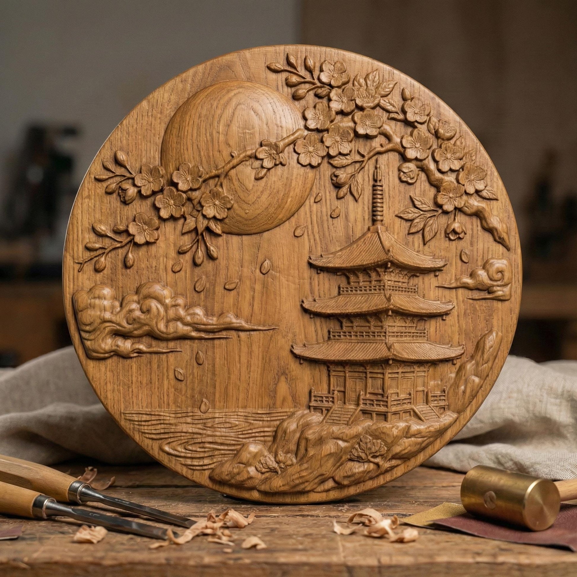 Round bas-relief panel depicting a traditional Japanese pagoda beside calm water under a large full moon. Flowing cherry blossom branches arch across the top with layered petals and falling blossoms. Soft carved clouds and textured landscape details create depth and serenity. The circular composition evokes balance and harmony, perfect for CNC carving, 3D printing, Zen décor, and Asian-inspired wall art.