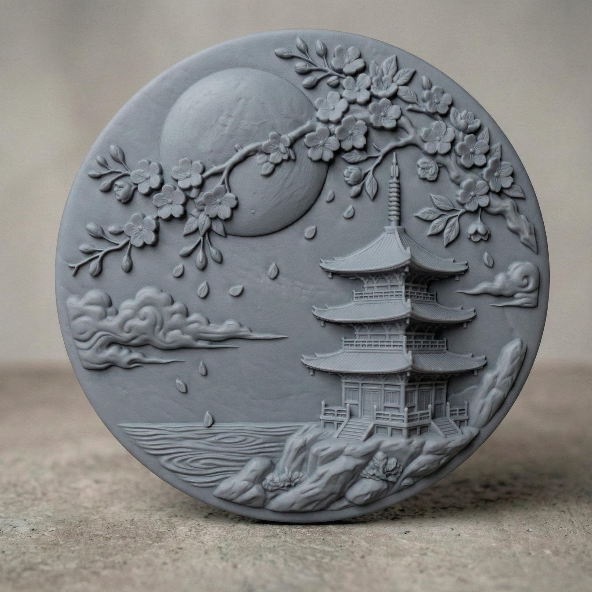 Round bas-relief panel depicting a traditional Japanese pagoda beside calm water under a large full moon. Flowing cherry blossom branches arch across the top with layered petals and falling blossoms. Soft carved clouds and textured landscape details create depth and serenity. The circular composition evokes balance and harmony, perfect for CNC carving, 3D printing, Zen décor, and Asian-inspired wall art.