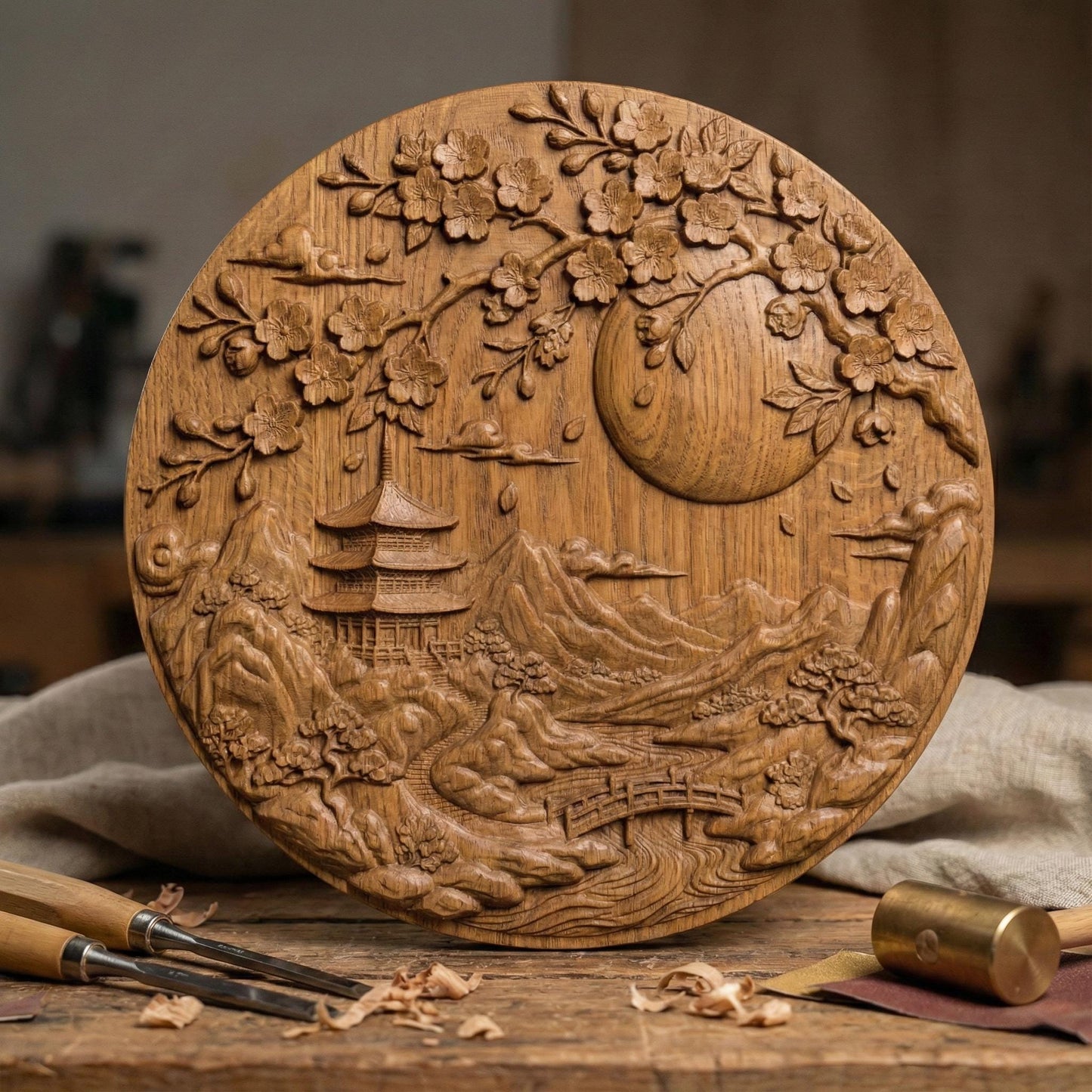 Intricate round bas-relief featuring a serene Japanese landscape with tiered pagoda temple, flowing river, arched wooden bridge, layered mountain peaks, and drifting clouds beneath a large full moon. Cherry blossom branches frame the top with detailed petals and falling leaves. Deep carving and textured contours create dimensional shadows, ideal for CNC carving, 3D printing, and tranquil Zen-inspired wall décor.