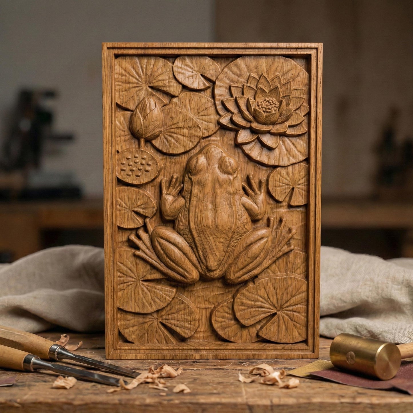 Detailed bas-relief panel showing a realistic frog resting among layered lily pads and a blooming lotus flower, symbolizing spring renewal and natural harmony. The composition features textured leaves, lotus seed pod, and overlapping circular pads creating rich depth and shadow. The frog’s sculpted back and limbs add lifelike dimension, ideal for CNC carving, 3D printing, and spring-inspired botanical wall décor.