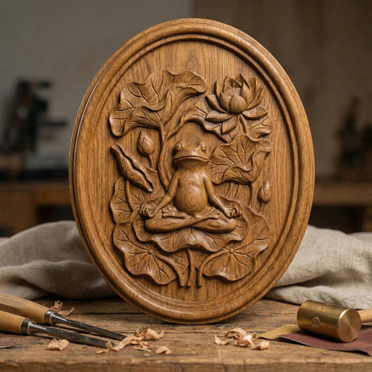 High-relief bas-relief panel featuring a peaceful frog seated in meditation pose atop layered lotus leaves, surrounded by blooming lotus flower and curved botanical stems. The composition symbolizes spring renewal, balance, and harmony in nature. Deep carved contours and textured foliage create strong dimensional shadows, ideal for CNC carving, 3D printing, and tranquil Zen-inspired seasonal wall décor.