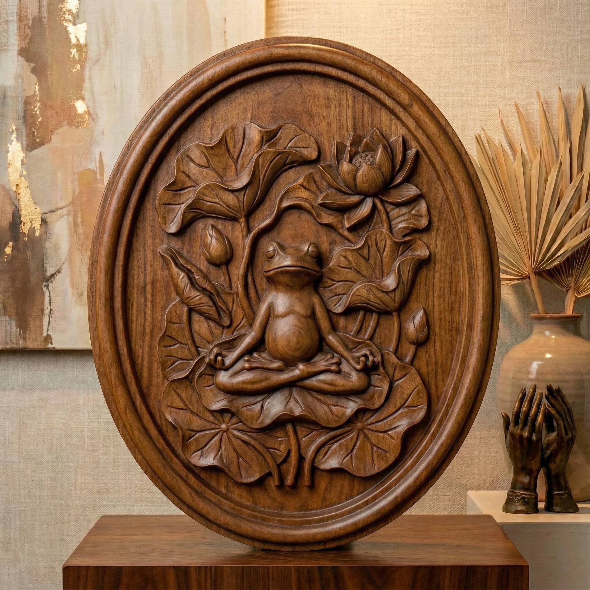 High-relief bas-relief panel featuring a peaceful frog seated in meditation pose atop layered lotus leaves, surrounded by blooming lotus flower and curved botanical stems. The composition symbolizes spring renewal, balance, and harmony in nature. Deep carved contours and textured foliage create strong dimensional shadows, ideal for CNC carving, 3D printing, and tranquil Zen-inspired seasonal wall décor.