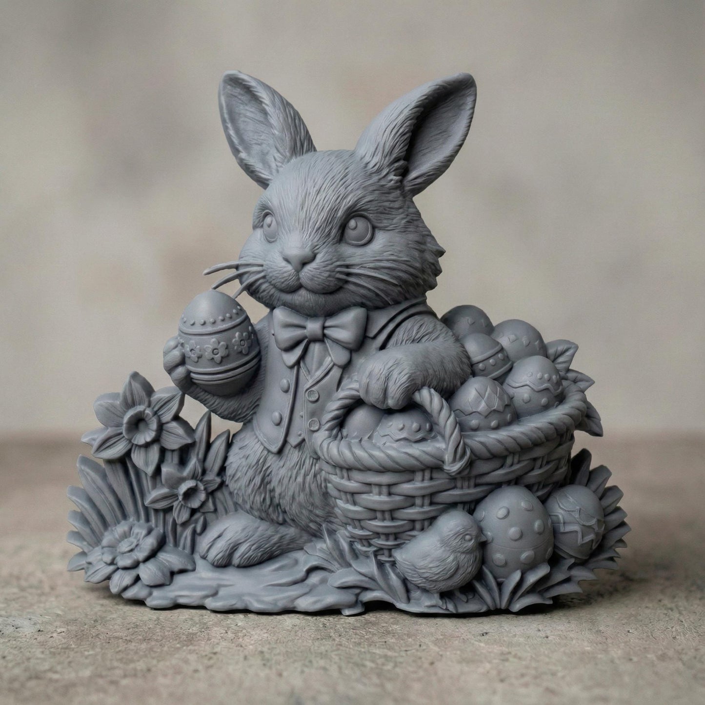 Rustic bas-relief carving of a cute Easter bunny holding a large egg, surrounded by simple wildflowers and grass. The design features a natural live-edge wood style background with organic texture and soft carved details. The bunny has rounded features and a gentle expression, making it perfect for spring and Easter wall decor designed for CNC carving or 3D printing.