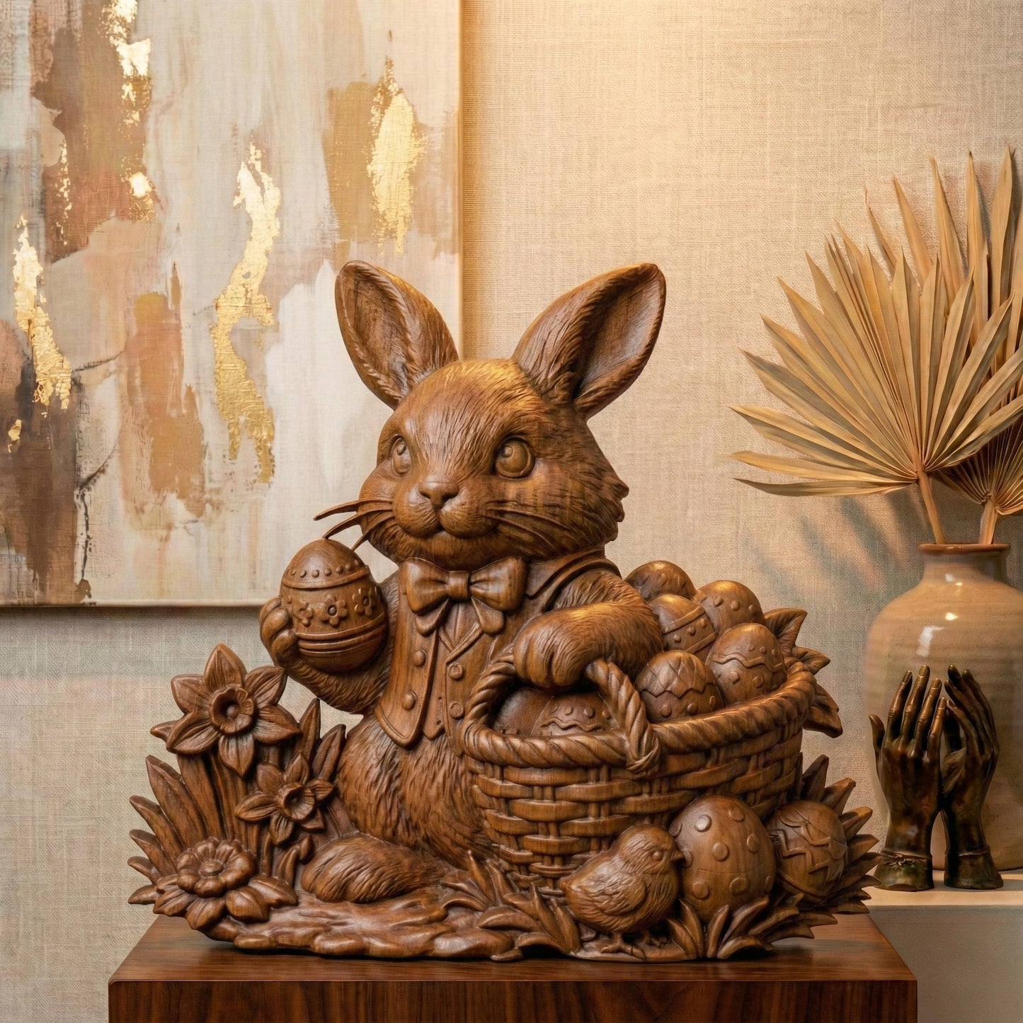 Rustic bas-relief carving of a cute Easter bunny holding a large egg, surrounded by simple wildflowers and grass. The design features a natural live-edge wood style background with organic texture and soft carved details. The bunny has rounded features and a gentle expression, making it perfect for spring and Easter wall decor designed for CNC carving or 3D printing.