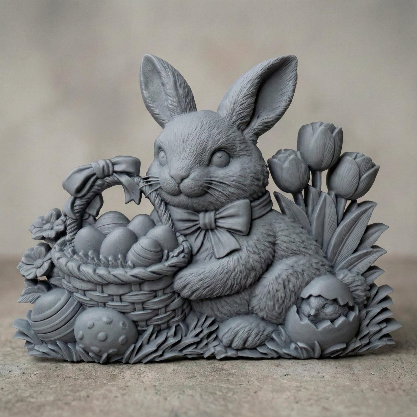 High-detail 3D relief featuring a charming Easter bunny wearing a bow tie, holding a woven basket filled with decorated eggs. Surrounded by blooming spring flowers and tulips, with a cracked egg and chick detail at the base. The layered textures of fur, wicker basket, and floral elements create strong depth and shadow, ideal for CNC carving, 3D printing, Easter décor, and seasonal spring wall art.