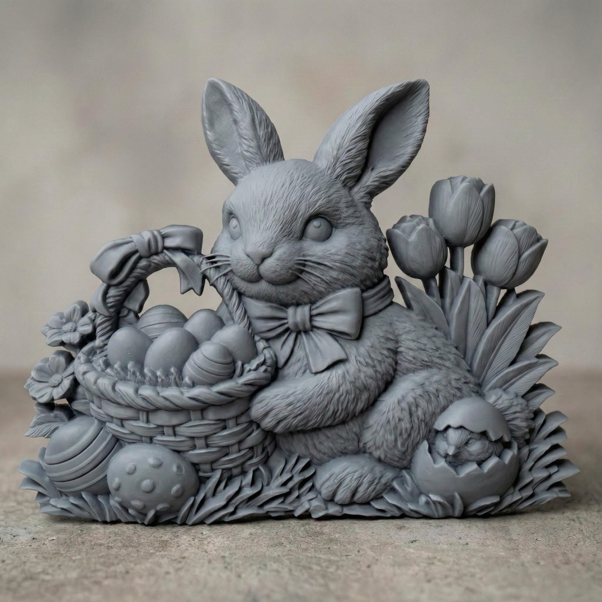 High-detail 3D relief featuring a charming Easter bunny wearing a bow tie, holding a woven basket filled with decorated eggs. Surrounded by blooming spring flowers and tulips, with a cracked egg and chick detail at the base. The layered textures of fur, wicker basket, and floral elements create strong depth and shadow, ideal for CNC carving, 3D printing, Easter décor, and seasonal spring wall art.