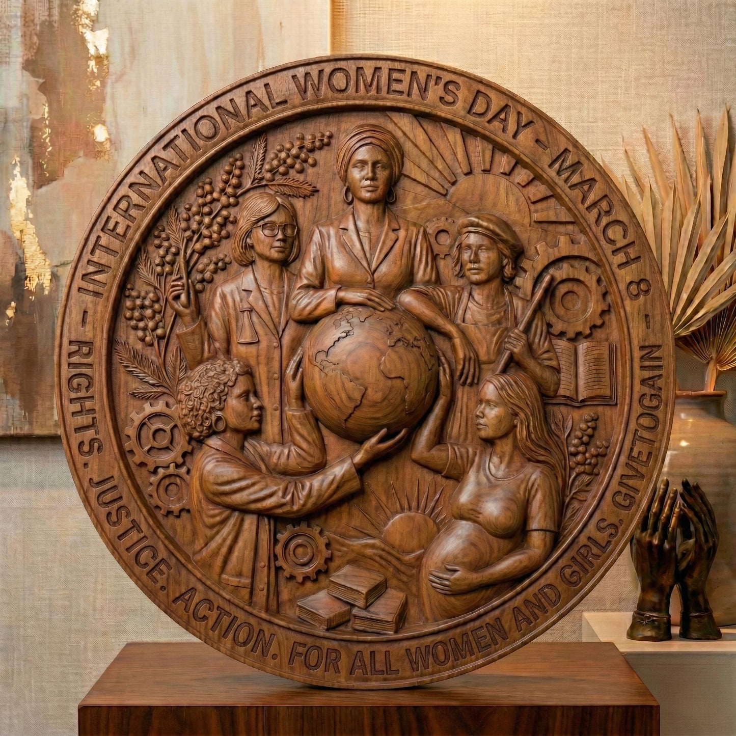 Round high-relief panel honoring International Women’s Day, featuring diverse women united around a globe symbolizing equality and global empowerment. Surrounding elements include gears, books, rising sun, plants, and industrial tools representing education, justice, action, and progress. The circular border includes March 8 inscription. Deep carved textures and layered symbolism make it ideal for CNC carving and meaningful commemorative wall art.