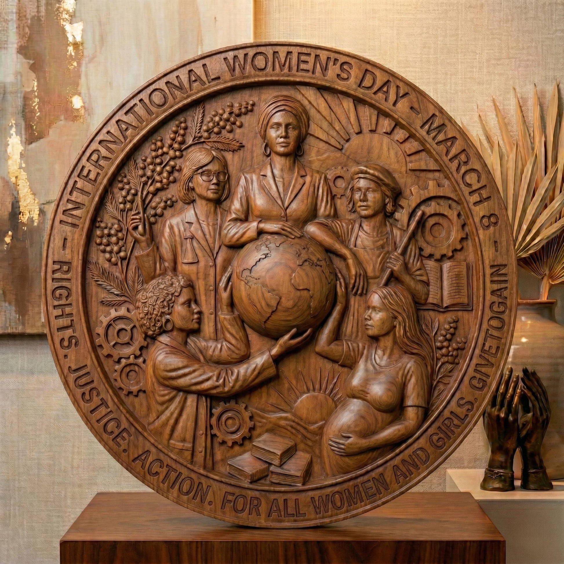 Round high-relief panel honoring International Women’s Day, featuring diverse women united around a globe symbolizing equality and global empowerment. Surrounding elements include gears, books, rising sun, plants, and industrial tools representing education, justice, action, and progress. The circular border includes March 8 inscription. Deep carved textures and layered symbolism make it ideal for CNC carving and meaningful commemorative wall art.
