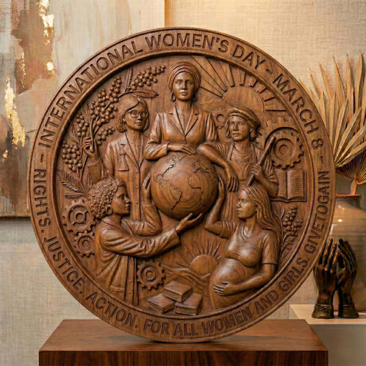 Round high-relief panel honoring International Women’s Day, featuring diverse women united around a globe symbolizing equality and global empowerment. Surrounding elements include gears, books, rising sun, plants, and industrial tools representing education, justice, action, and progress. The circular border includes March 8 inscription. Deep carved textures and layered symbolism make it ideal for CNC carving and meaningful commemorative wall art.