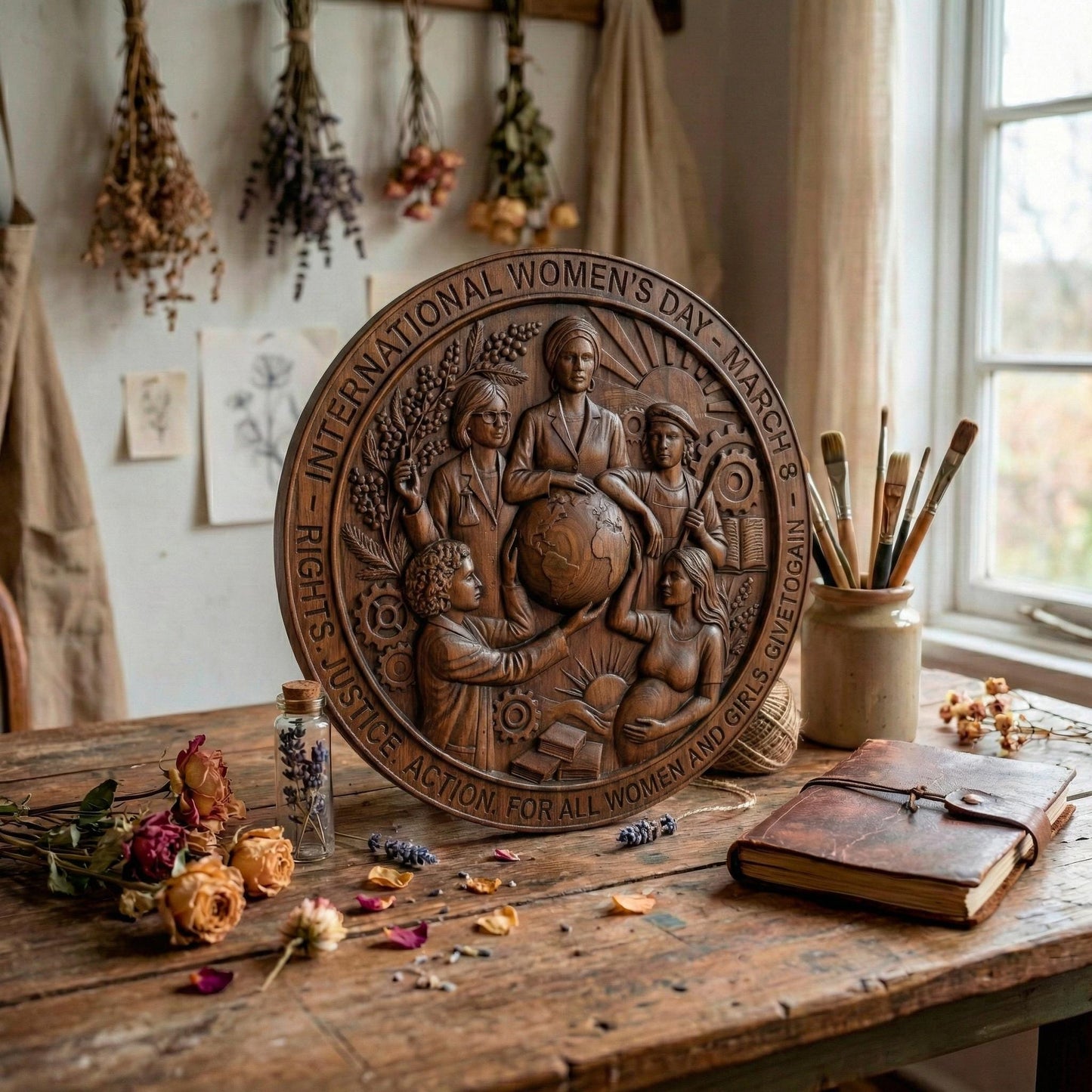 Round high-relief panel honoring International Women’s Day, featuring diverse women united around a globe symbolizing equality and global empowerment. Surrounding elements include gears, books, rising sun, plants, and industrial tools representing education, justice, action, and progress. The circular border includes March 8 inscription. Deep carved textures and layered symbolism make it ideal for CNC carving and meaningful commemorative wall art.