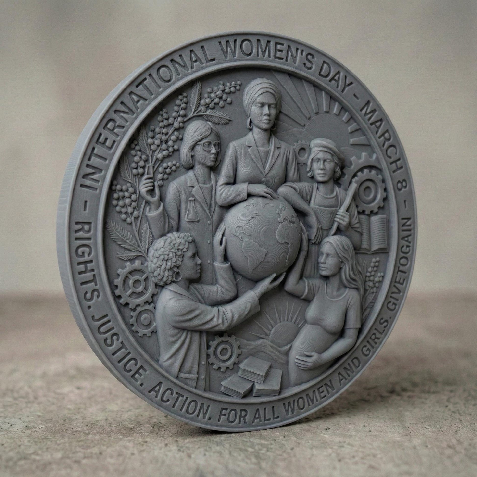 Round high-relief panel honoring International Women’s Day, featuring diverse women united around a globe symbolizing equality and global empowerment. Surrounding elements include gears, books, rising sun, plants, and industrial tools representing education, justice, action, and progress. The circular border includes March 8 inscription. Deep carved textures and layered symbolism make it ideal for CNC carving and meaningful commemorative wall art.