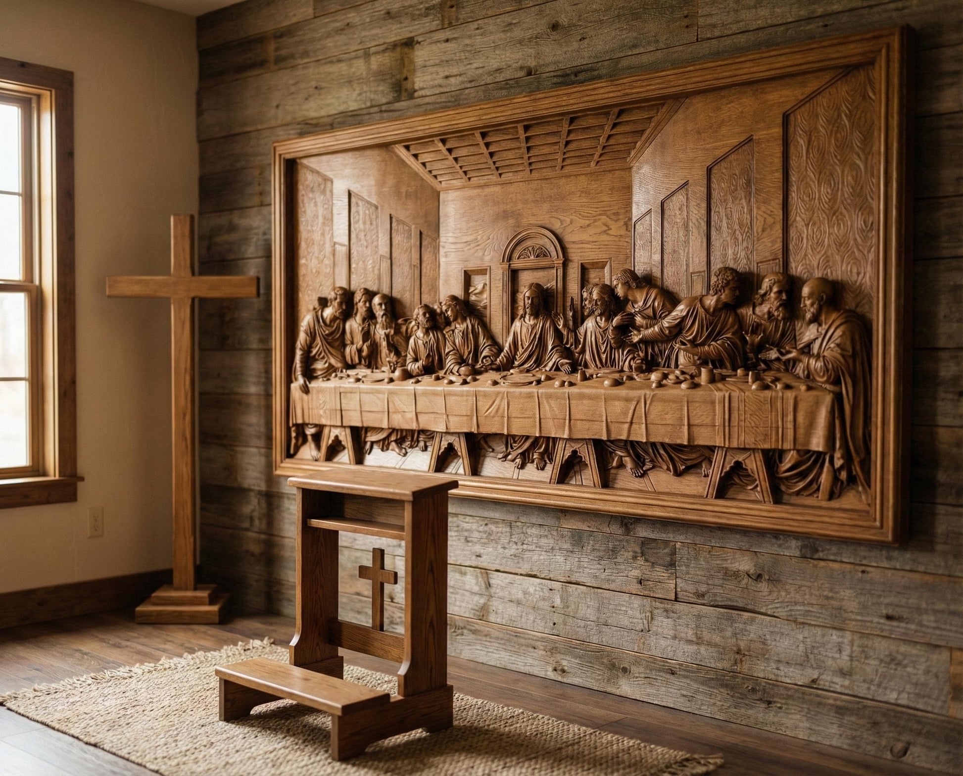 Highly detailed bas-relief depiction of the Last Supper featuring Jesus Christ seated at the center with the twelve apostles gathered around a long dining table inside a classical interior setting. The scene shows expressive gestures, flowing robes, textured walls, and architectural depth. Designed as a framed rectangular relief panel suitable for CNC carving, 3D printing, and church or home devotional wall décor.