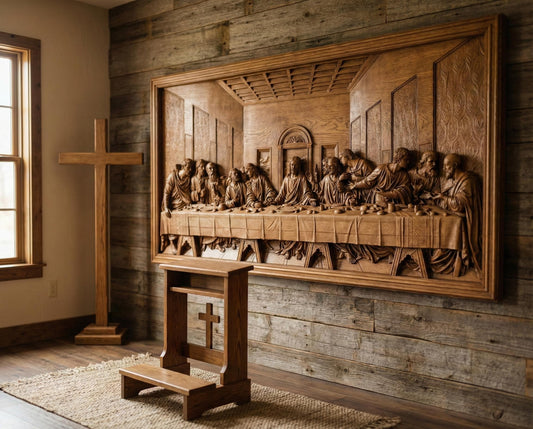 Highly detailed bas-relief depiction of the Last Supper featuring Jesus Christ seated at the center with the twelve apostles gathered around a long dining table inside a classical interior setting. The scene shows expressive gestures, flowing robes, textured walls, and architectural depth. Designed as a framed rectangular relief panel suitable for CNC carving, 3D printing, and church or home devotional wall décor.