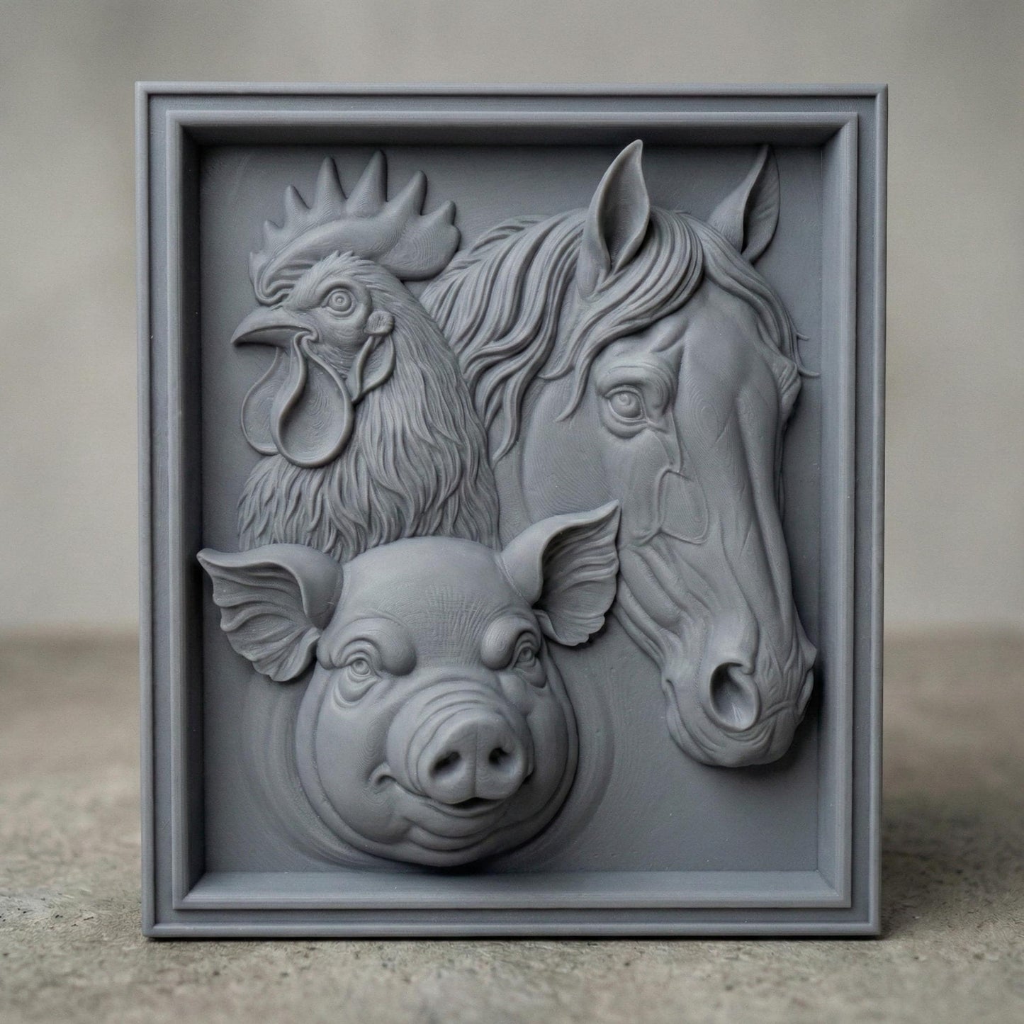 Intricately carved wooden bas-relief featuring a rooster, horse, and pig arranged in a square framed panel. The rooster’s detailed comb and layered feathers symbolize renewal, while the horse’s flowing mane and gentle gaze add elegance. The pig’s rounded form brings warmth and abundance. This spring-inspired farmhouse composition evokes rural life, seasonal rebirth, and country charm, ideal for CNC carving and 3D printing.