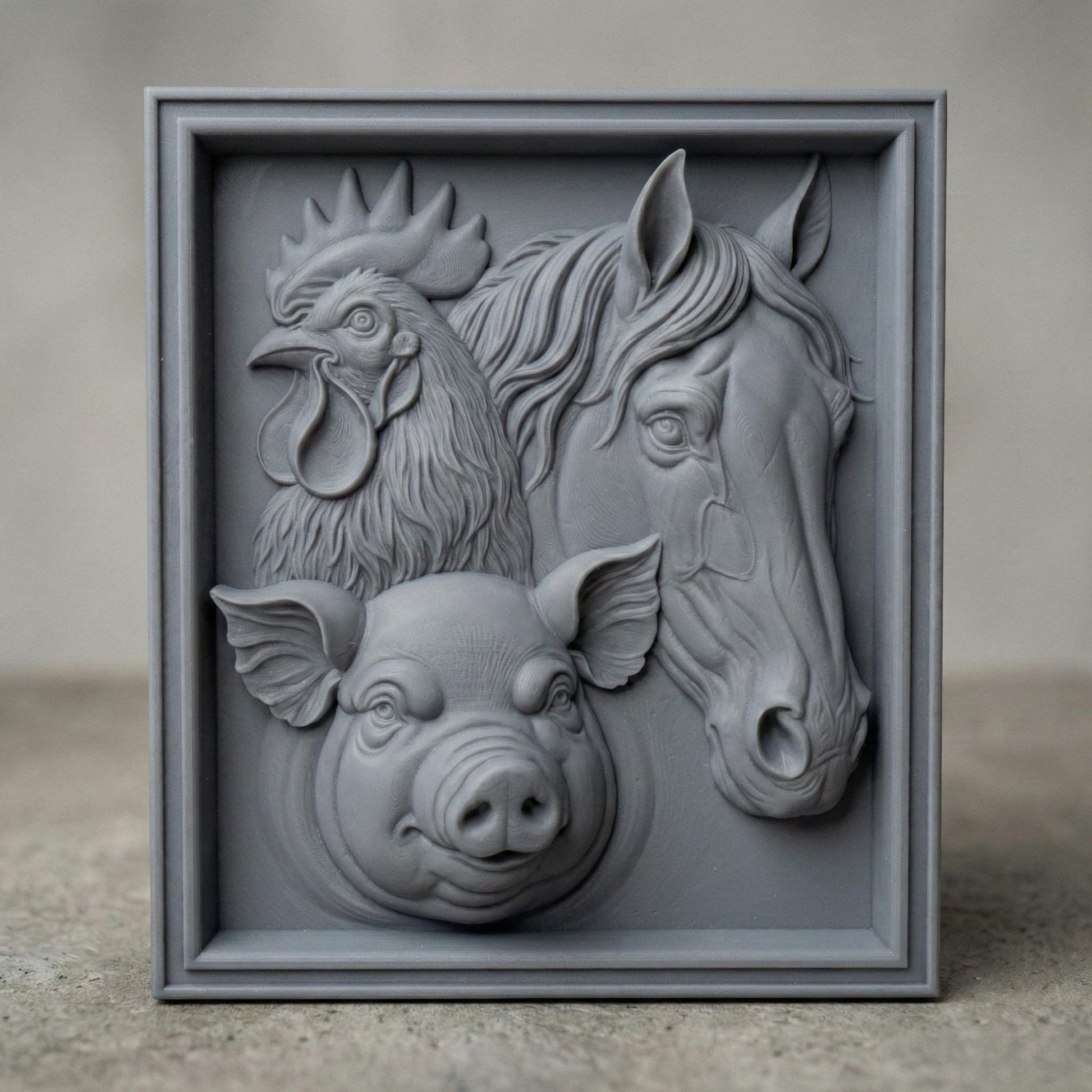 Intricately carved wooden bas-relief featuring a rooster, horse, and pig arranged in a square framed panel. The rooster’s detailed comb and layered feathers symbolize renewal, while the horse’s flowing mane and gentle gaze add elegance. The pig’s rounded form brings warmth and abundance. This spring-inspired farmhouse composition evokes rural life, seasonal rebirth, and country charm, ideal for CNC carving and 3D printing.