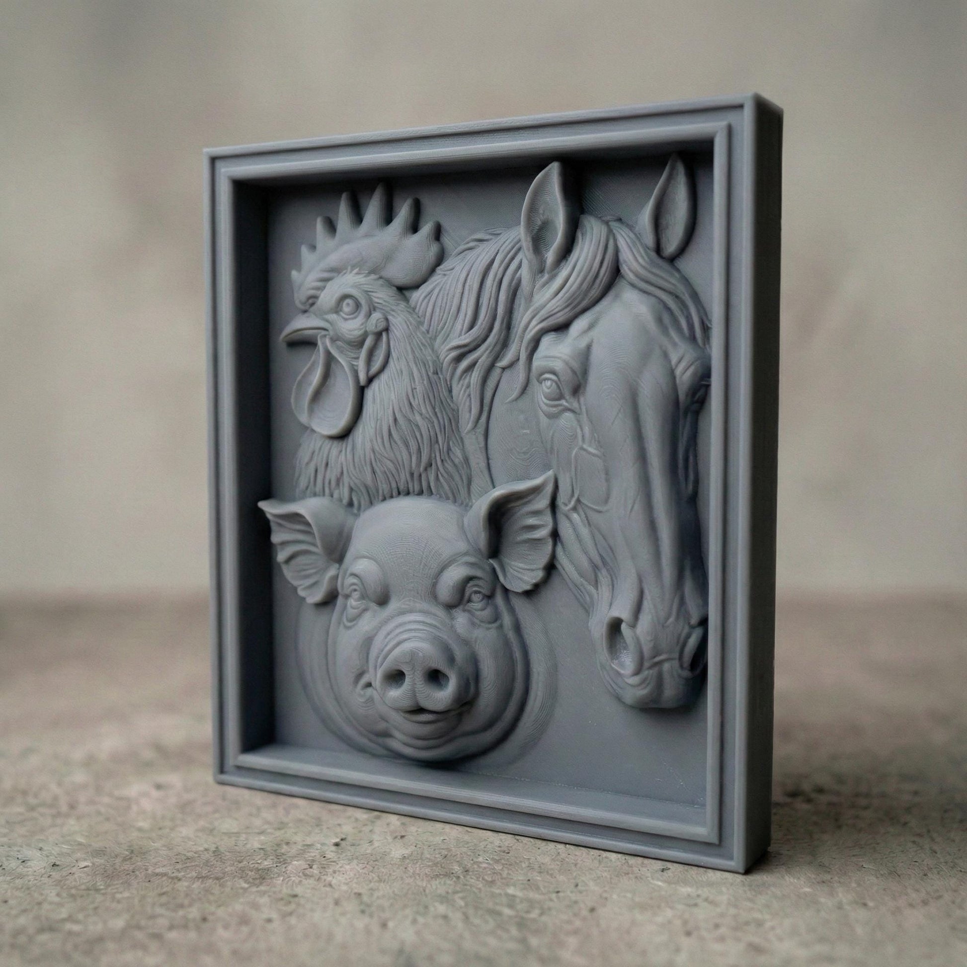 Intricately carved wooden bas-relief featuring a rooster, horse, and pig arranged in a square framed panel. The rooster’s detailed comb and layered feathers symbolize renewal, while the horse’s flowing mane and gentle gaze add elegance. The pig’s rounded form brings warmth and abundance. This spring-inspired farmhouse composition evokes rural life, seasonal rebirth, and country charm, ideal for CNC carving and 3D printing.