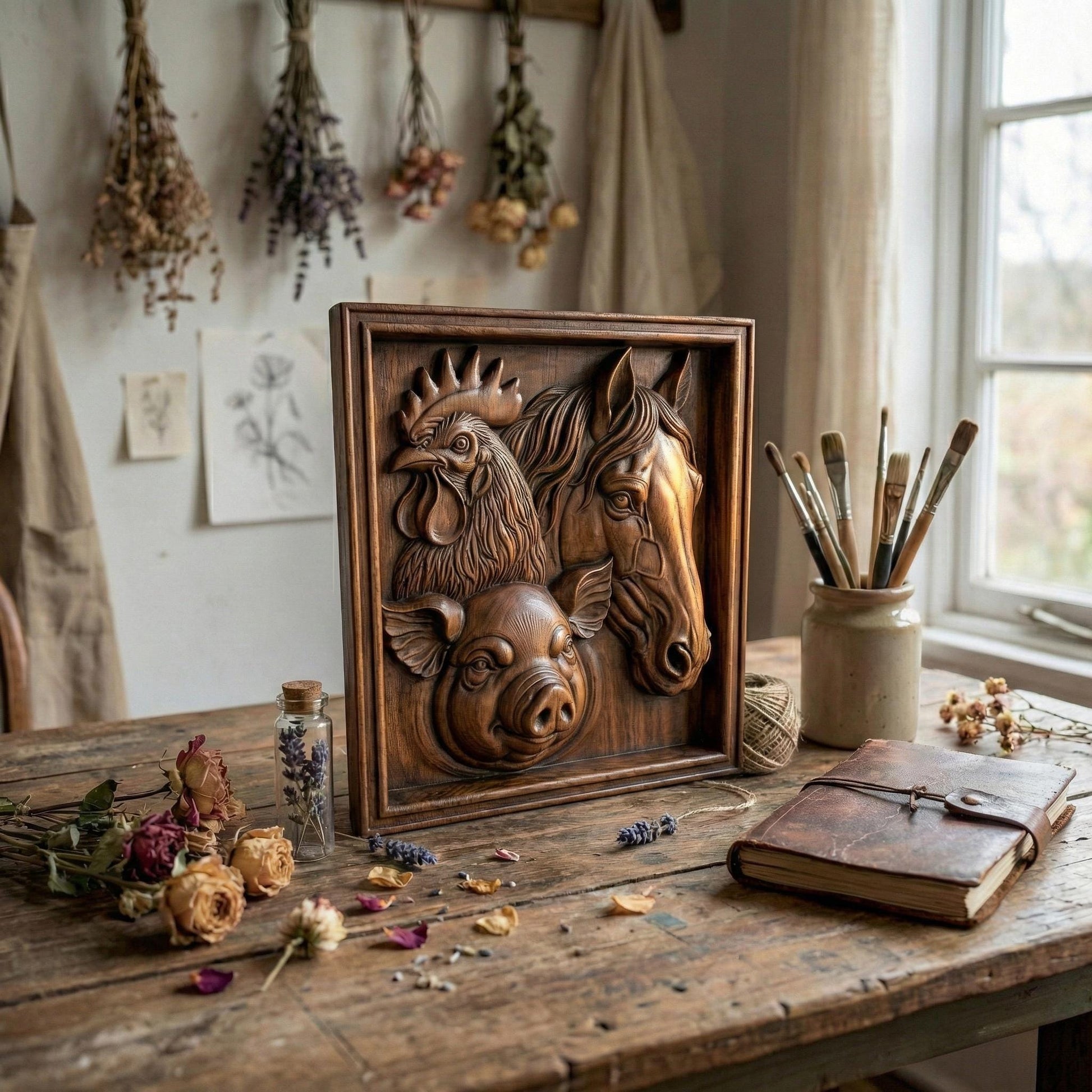 Intricately carved wooden bas-relief featuring a rooster, horse, and pig arranged in a square framed panel. The rooster’s detailed comb and layered feathers symbolize renewal, while the horse’s flowing mane and gentle gaze add elegance. The pig’s rounded form brings warmth and abundance. This spring-inspired farmhouse composition evokes rural life, seasonal rebirth, and country charm, ideal for CNC carving and 3D printing.