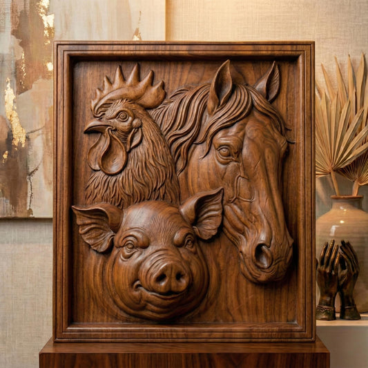 Intricately carved wooden bas-relief featuring a rooster, horse, and pig arranged in a square framed panel. The rooster’s detailed comb and layered feathers symbolize renewal, while the horse’s flowing mane and gentle gaze add elegance. The pig’s rounded form brings warmth and abundance. This spring-inspired farmhouse composition evokes rural life, seasonal rebirth, and country charm, ideal for CNC carving and 3D printing.