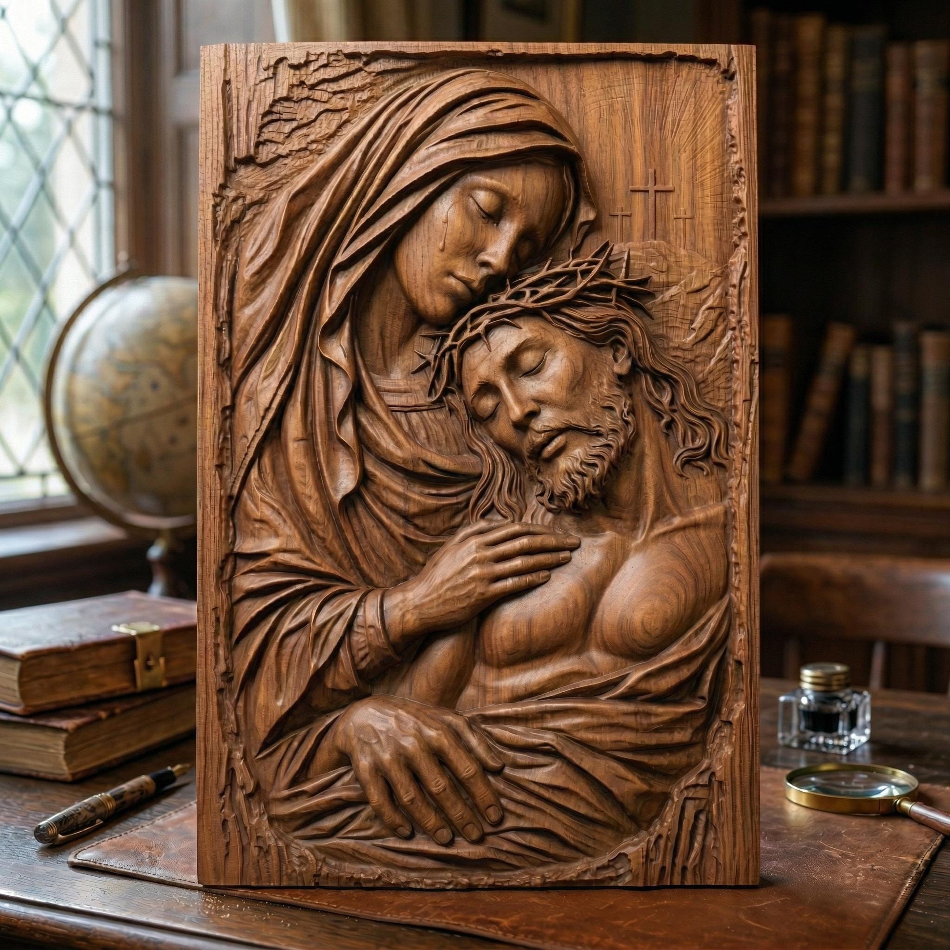 Highly detailed bas-relief sculpture of the Pietà showing the Virgin Mary gently holding the lifeless body of Jesus Christ after the crucifixion. Mary’s head rests tenderly against Jesus while tears fall from her face. Jesus wears a crown of thorns and appears peaceful. Three crosses rise in the background beneath radiant light, symbolizing Calvary. The composition features flowing robes, expressive anatomy, and deep relief ideal for CNC carving or 3D printing.