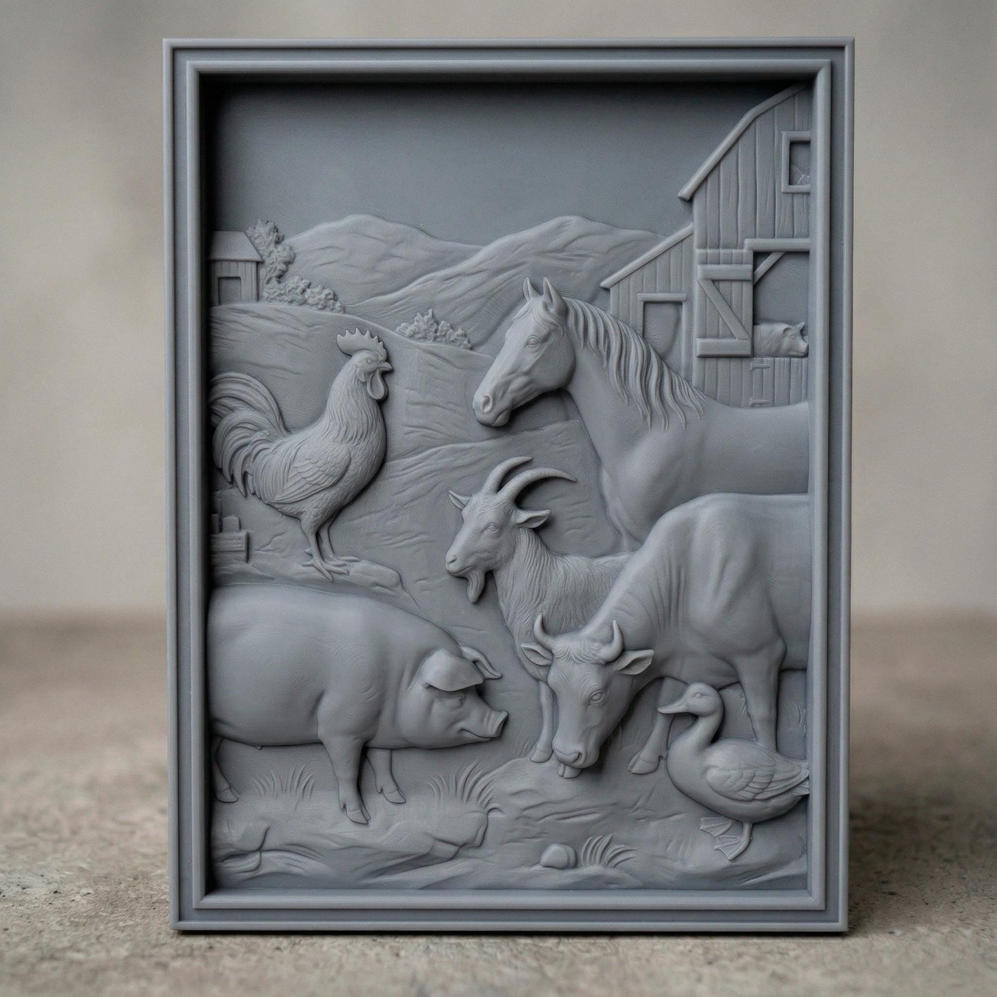 Detailed bas-relief carving of a rustic farm scene featuring a horse, cow, goat, pig, rooster, and duck gathered near a wooden barn, with rolling hills and countryside background, showcasing smooth contours, natural textures, and a warm pastoral composition in carved wood style.