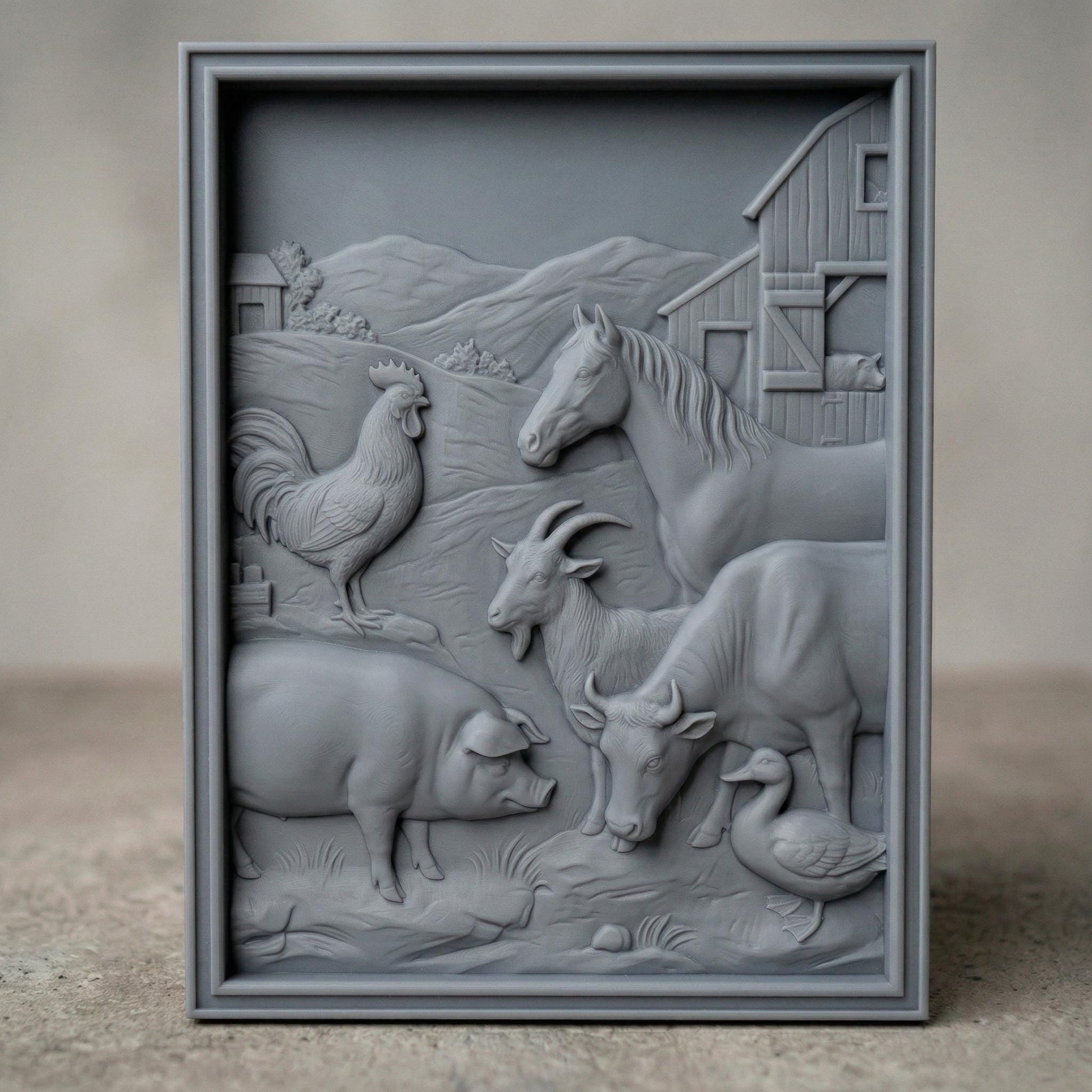 Detailed bas-relief carving of a rustic farm scene featuring a horse, cow, goat, pig, rooster, and duck gathered near a wooden barn, with rolling hills and countryside background, showcasing smooth contours, natural textures, and a warm pastoral composition in carved wood style.
