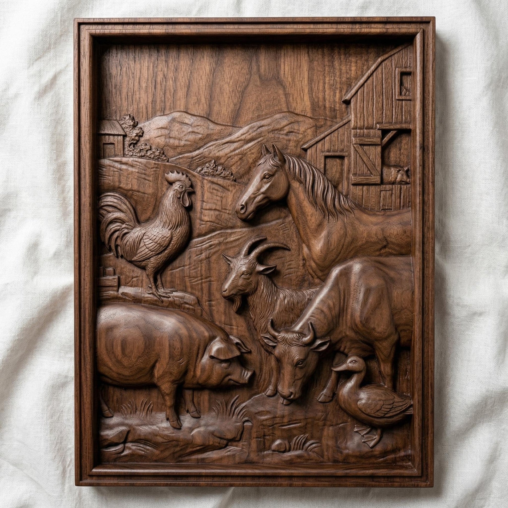 Detailed bas-relief carving of a rustic farm scene featuring a horse, cow, goat, pig, rooster, and duck gathered near a wooden barn, with rolling hills and countryside background, showcasing smooth contours, natural textures, and a warm pastoral composition in carved wood style.
