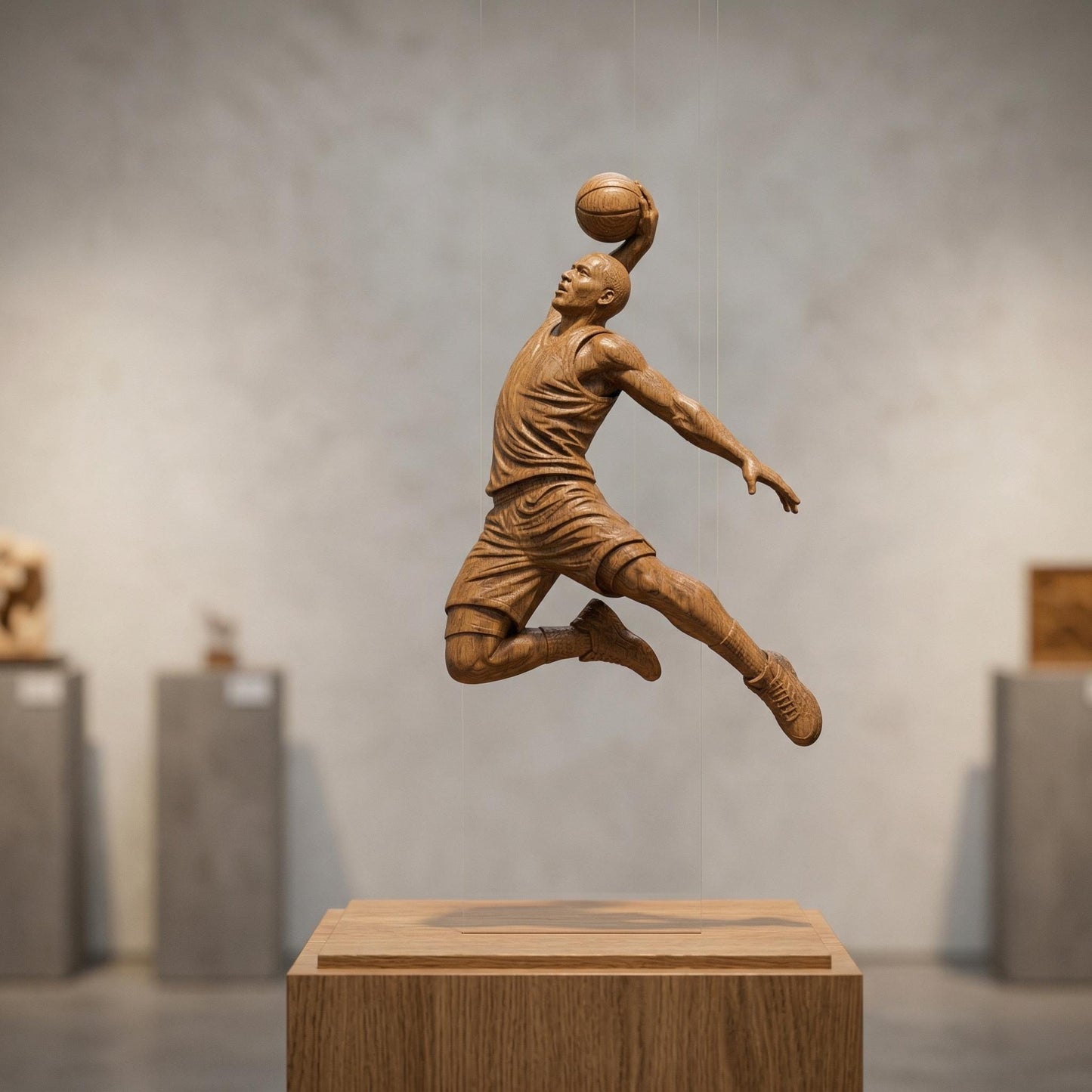 Dynamic bas-relief carving of a basketball player soaring mid-air for a powerful dunk, surrounded by a packed arena crowd, detailed court flooring, and hoop with net, capturing motion, athletic energy, and depth in a bold sports-themed composition.