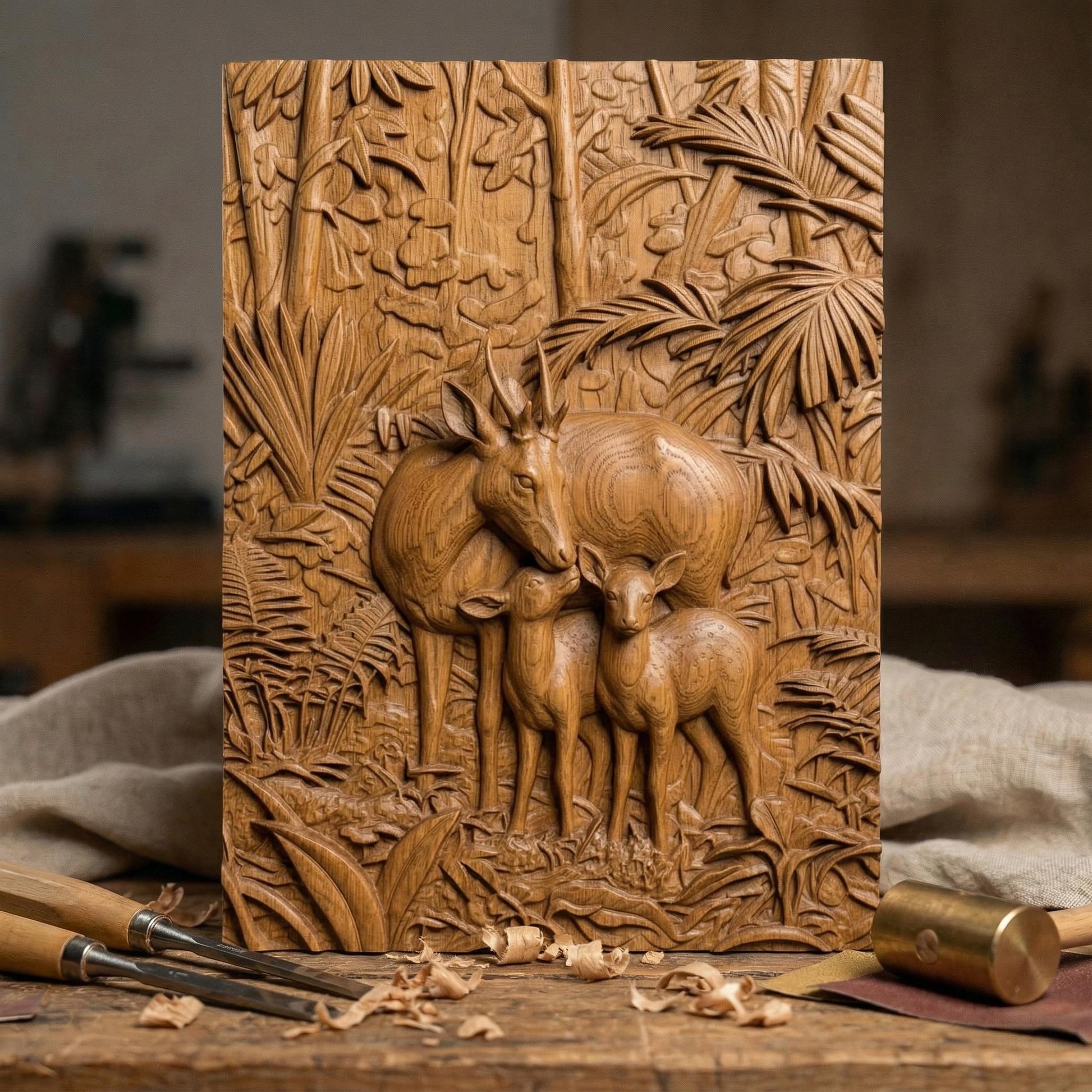 Intricate bas-relief carving of a deer family with a stag and two fawns standing closely together in a lush forest, surrounded by dense foliage, leaves, and natural woodland textures, capturing warmth, protection, and harmony in a detailed nature composition.